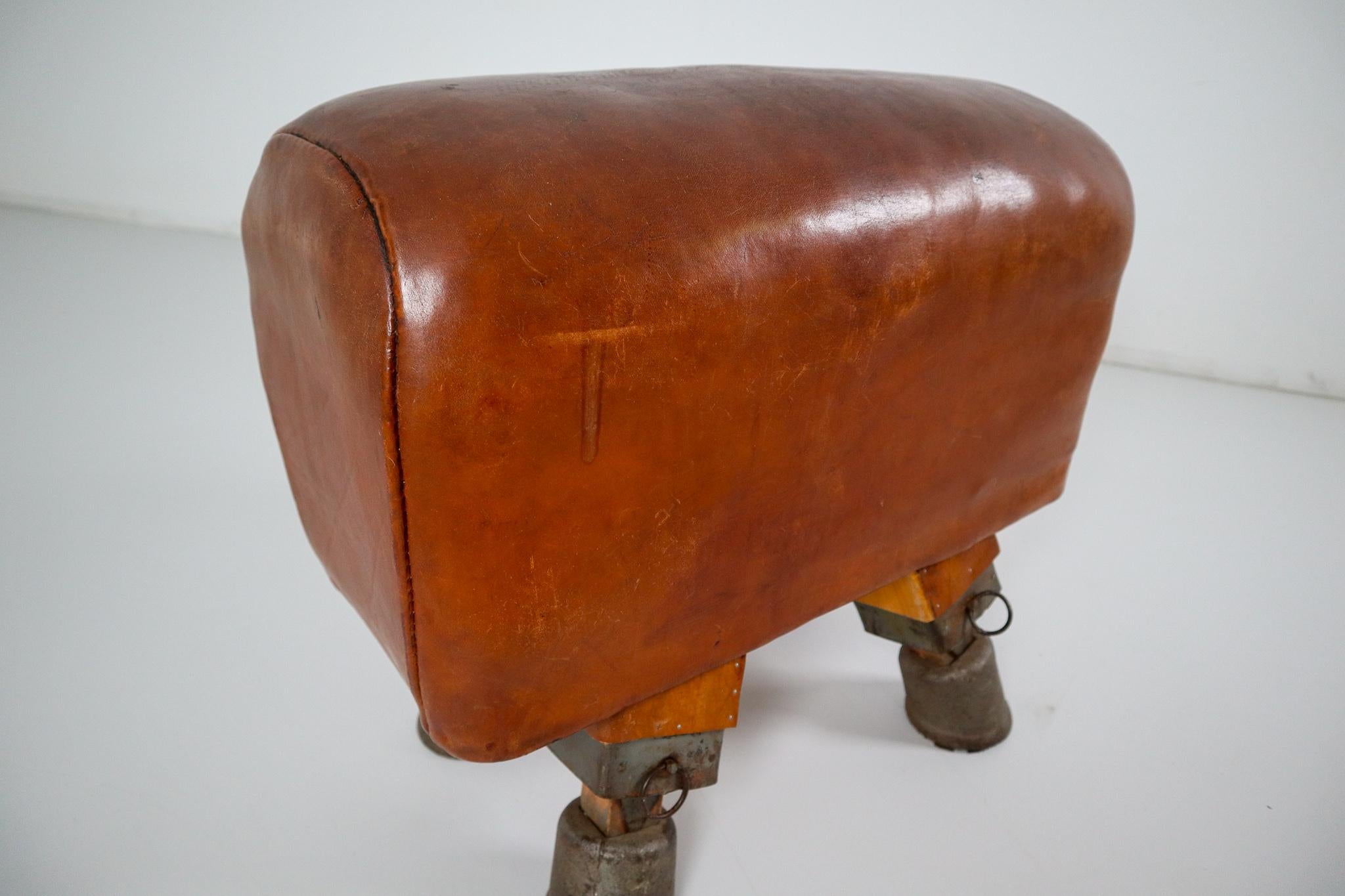 Vintage Strong Patinated Leather Gym Bench, circa 1930s In Good Condition In Almelo, NL