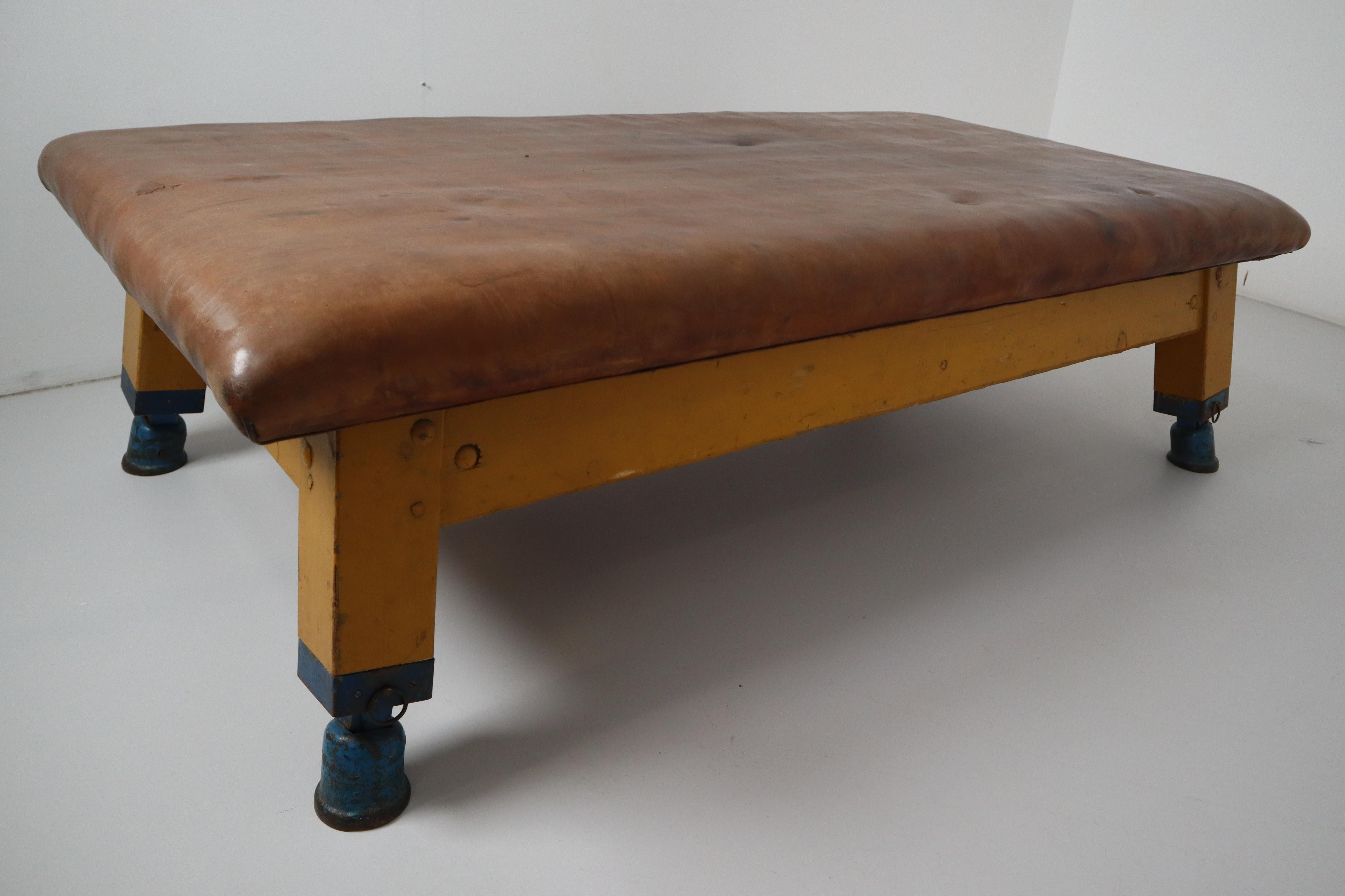 Industrial Vintage Strong Patinated Leather Gym Bench or Table, circa 1940
