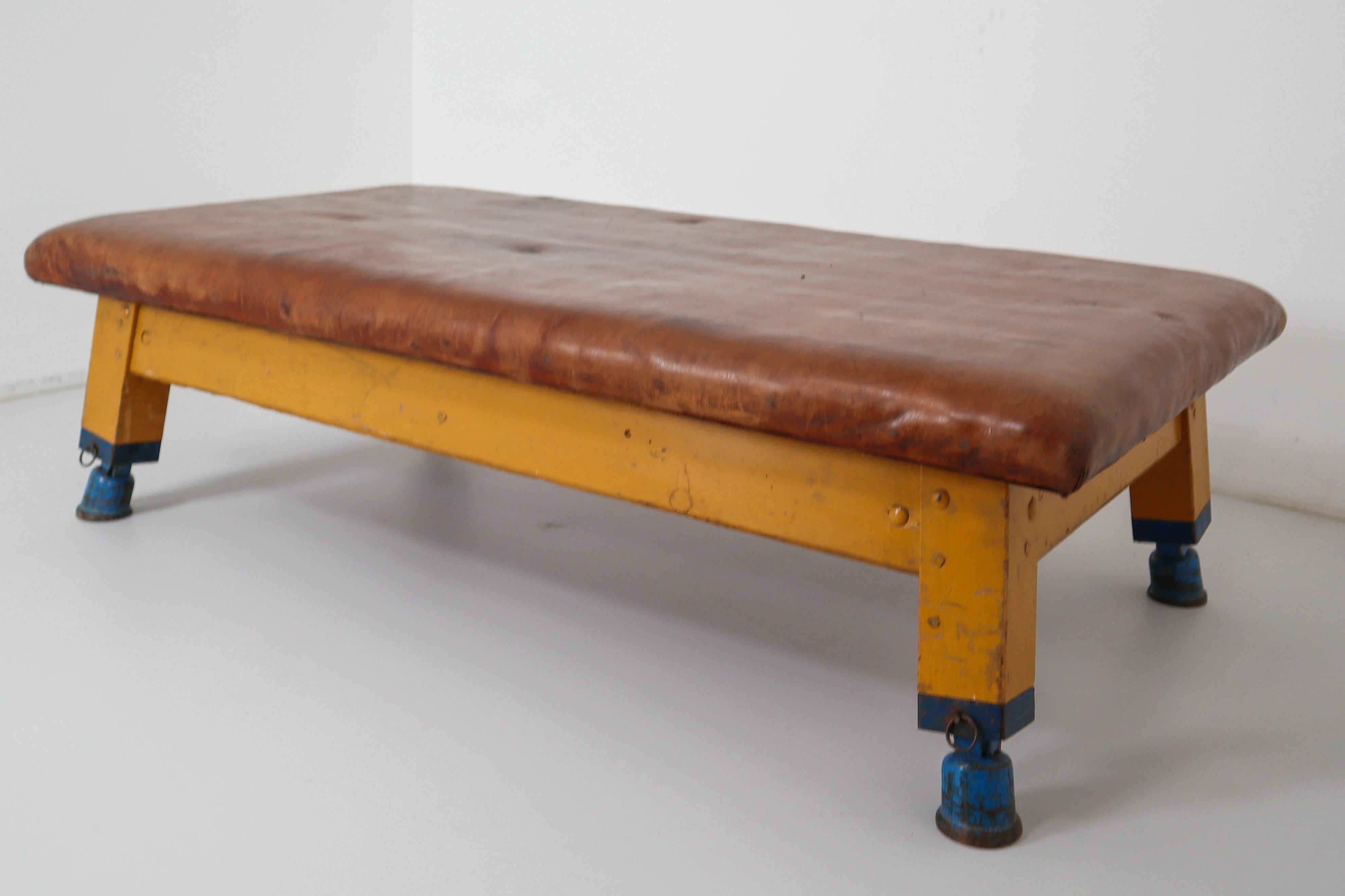 Czech Vintage Strong Patinated Leather Gym Bench or Table, circa 1940
