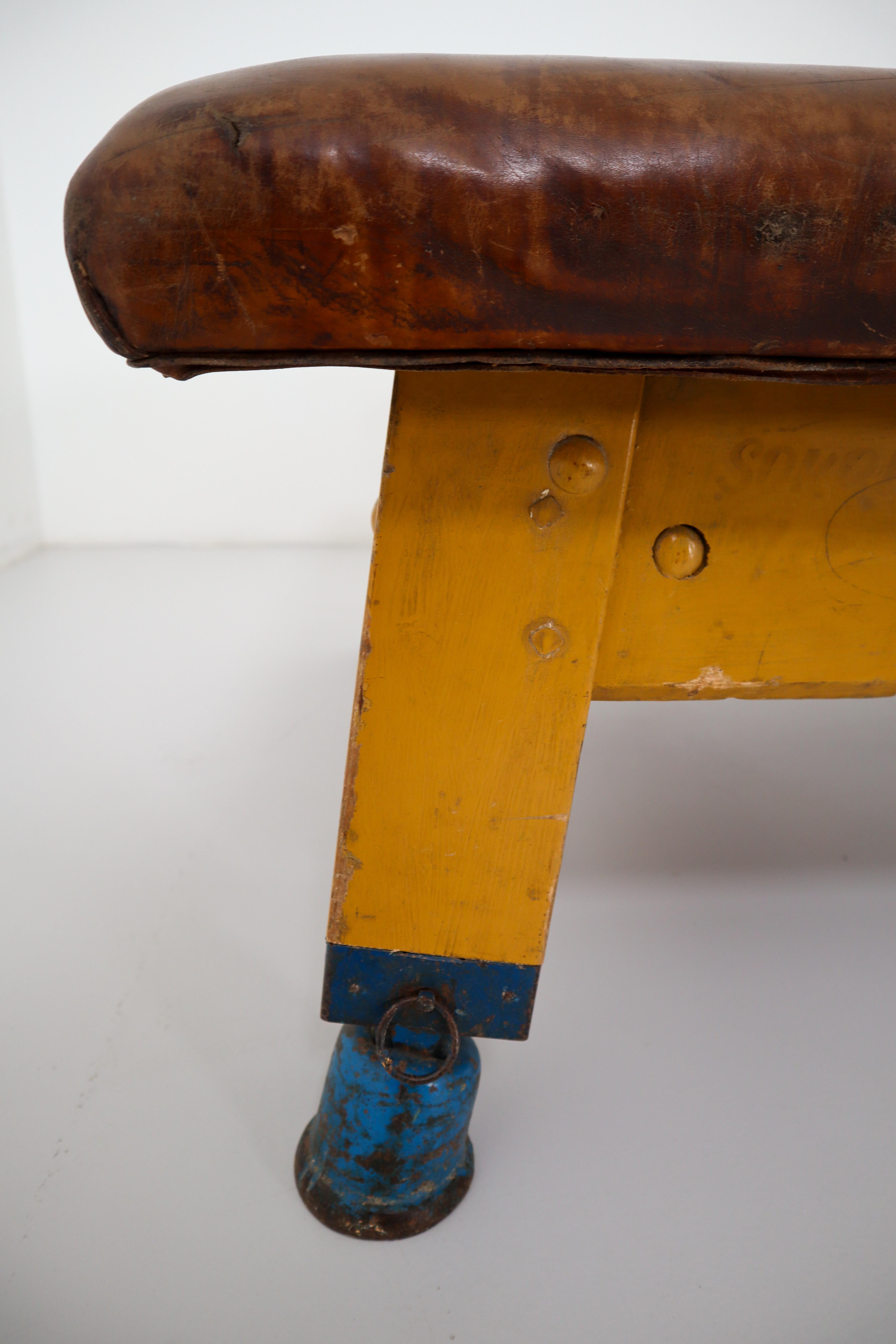 Mid-20th Century Vintage Strong Patinated Leather Gym Bench or Table, circa 1940