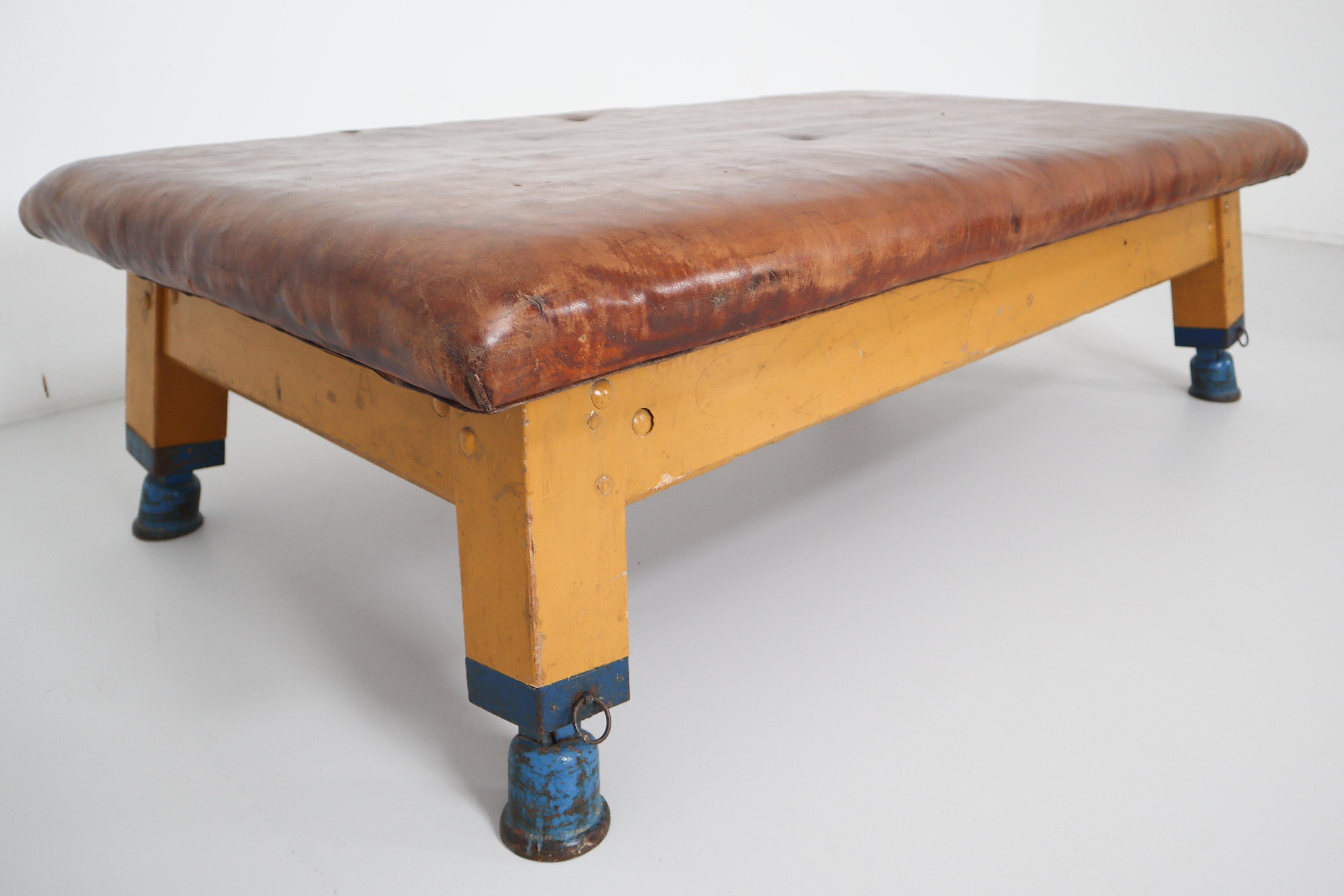 Vintage Strong Patinated Leather Gym Bench or Table, circa 1940 1