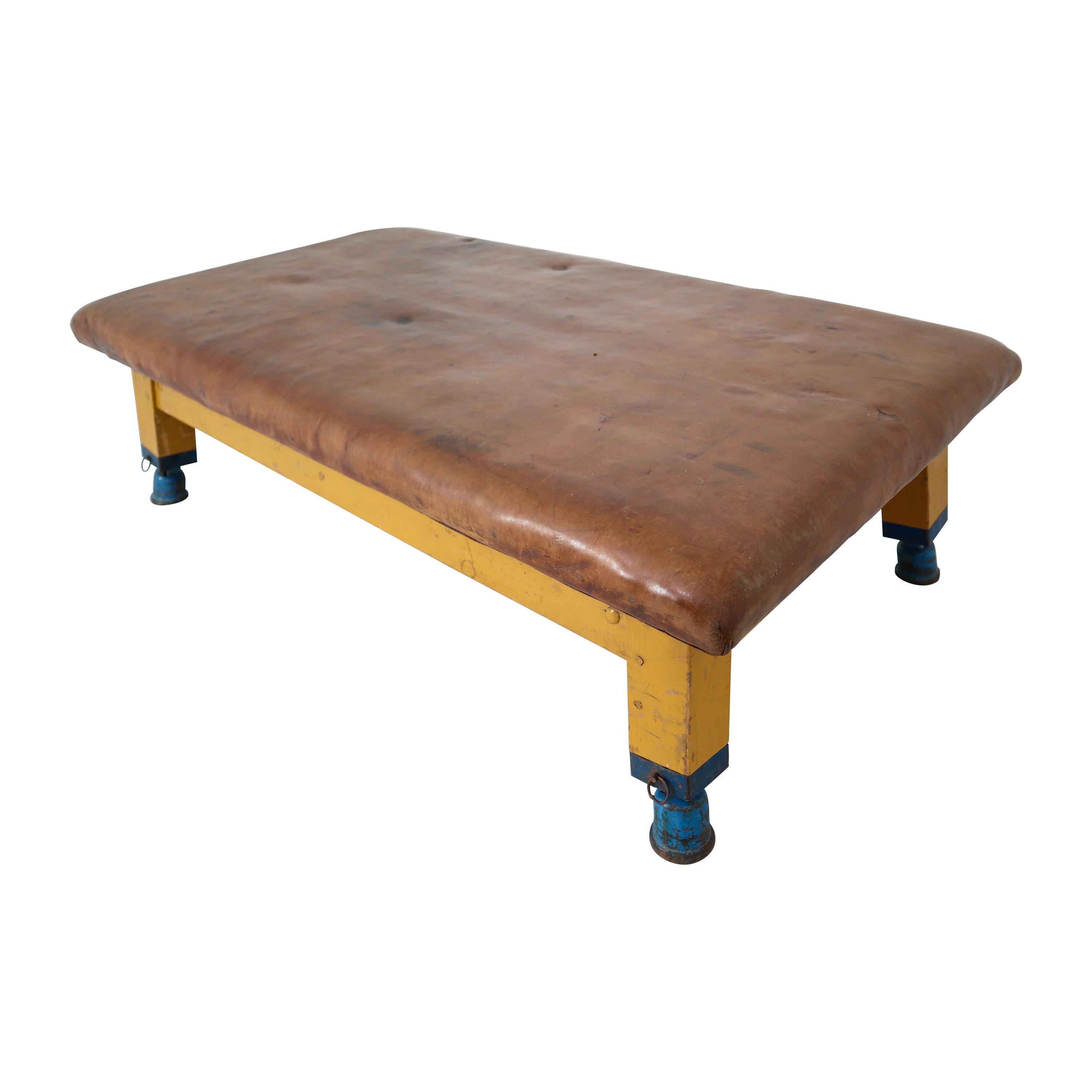 Vintage Strong Patinated Leather Gym Bench or Table, circa 1940