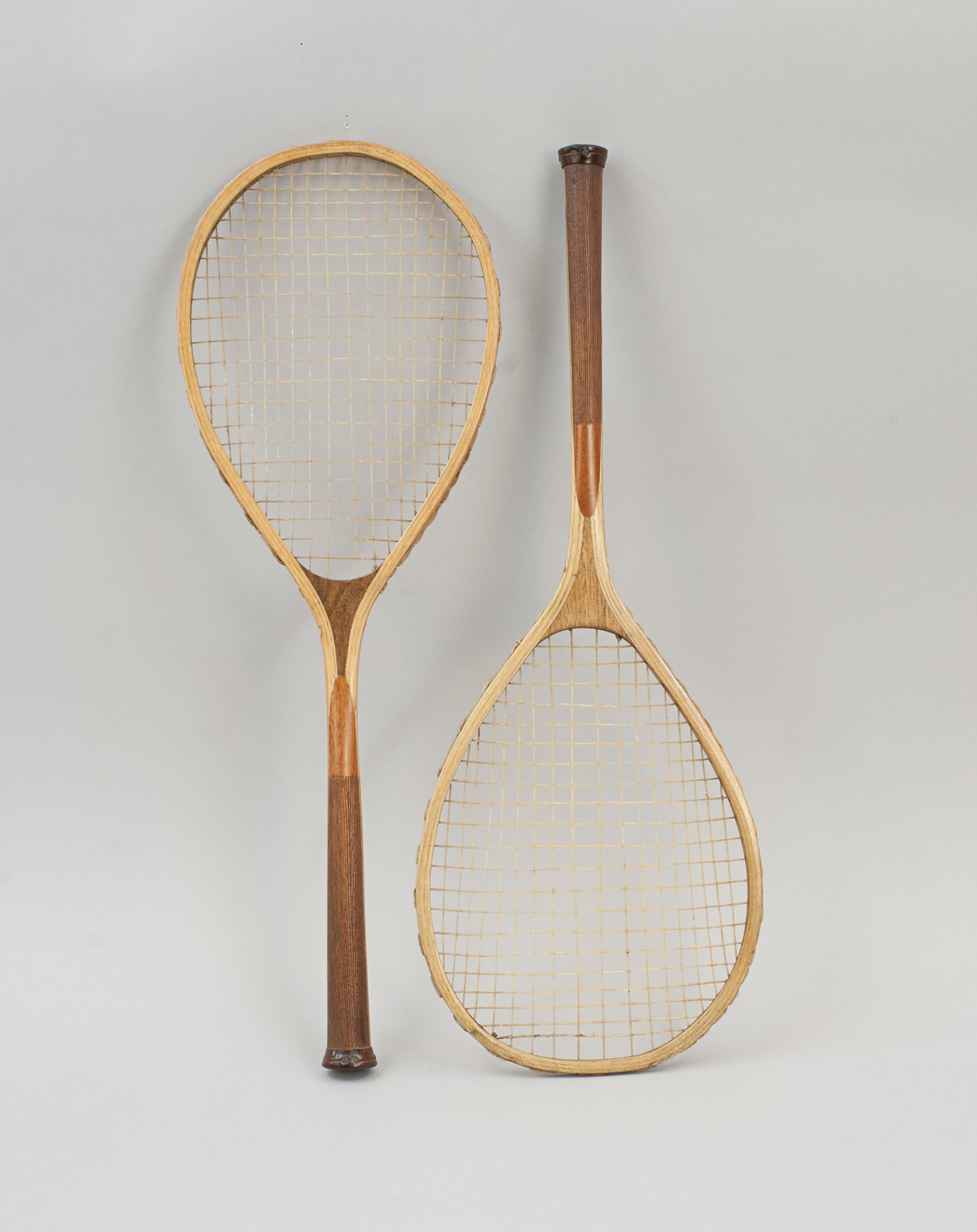 Antique Pair Of Table Tennis Rackets, Ping Pong Bats.
A rare pair of early teardrop-shaped strung 'Ping Pong' bats or rackets, unfortunately the maker is unknown. Some of the early table tennis bats were scaled down versions of lawn tennis rackets,