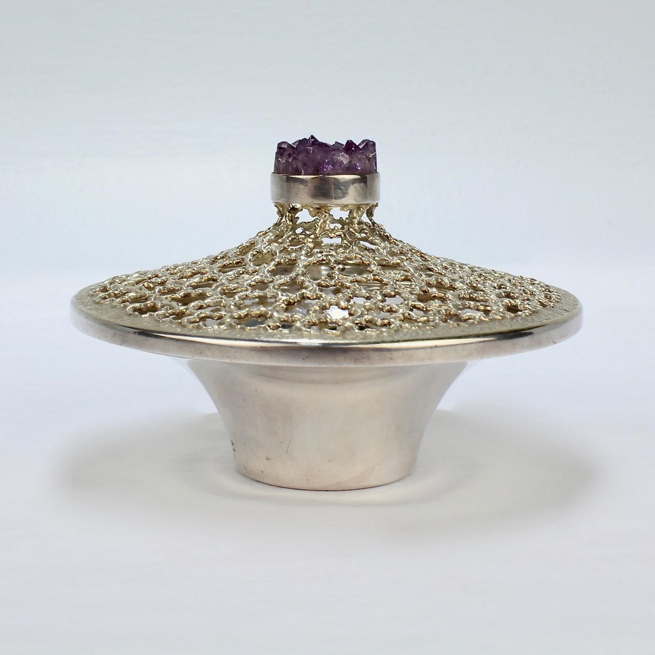 Modernist Vintage Stuart Devlin Sterling Silver and Amethyst Reticulated Covered Posy Bowl