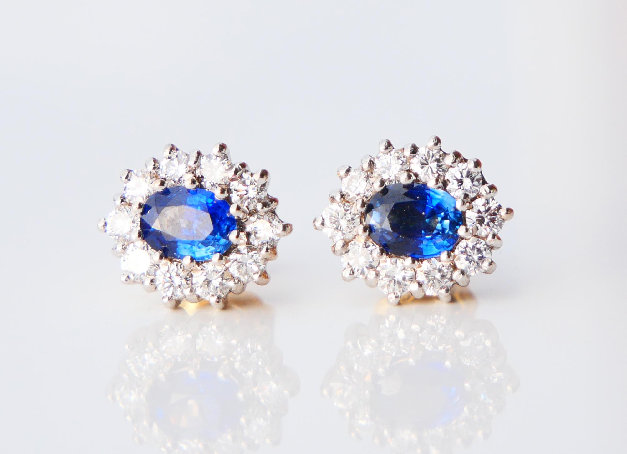 Vintage stud Halo Earrings 1.6ctw Sapphires 1.6ctw Diamonds solid 18K Gold / 6gr For Sale 5