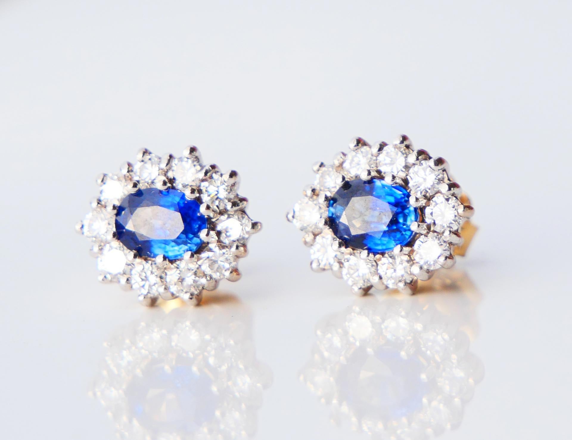 Vintage stud Halo Earrings 1.6ctw Sapphires 1.6ctw Diamonds solid 18K Gold / 6gr For Sale 6