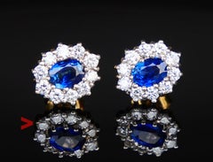 Boucles d'oreilles Vintage Halo 1.6ctw Sapphires 1.6ctw Diamonds solid 18K Gold / 6gr