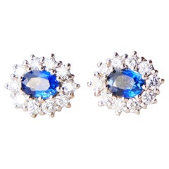 Boucles d'oreilles Vintage Halo 1.6ctw Sapphires 1.6ctw Diamonds solid 18K Gold / 6gr