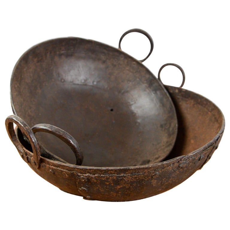 Vintage Studded Metal Bowls with Handles, 20th Century For Sale at