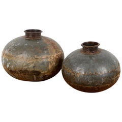 Vintage Studded Metal Bulbous Water Pots, 20th Century