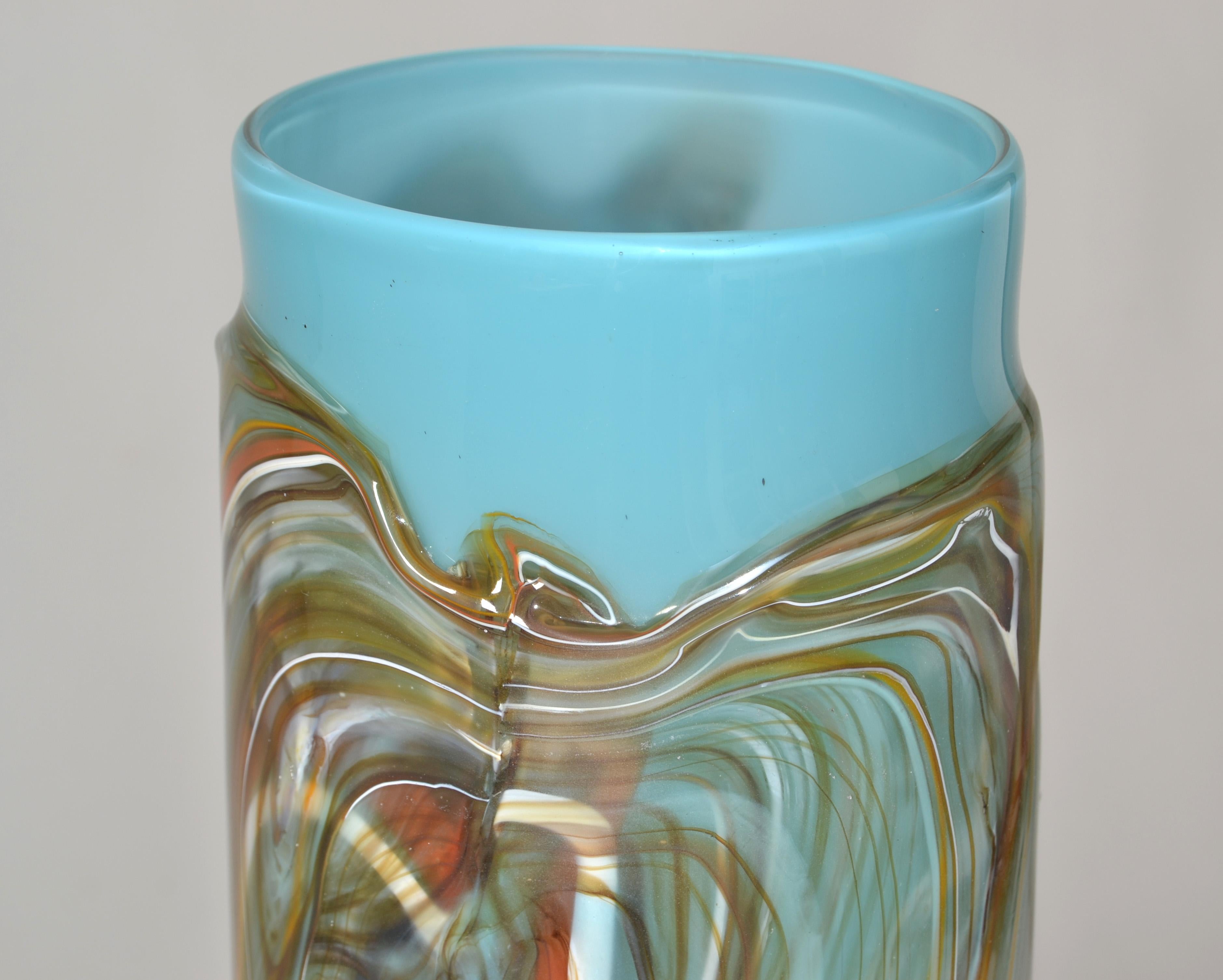 Vintage Studio Art Blown Glass Heavy Vase Vessel Turquoise and Hues Brown 1975 For Sale 3