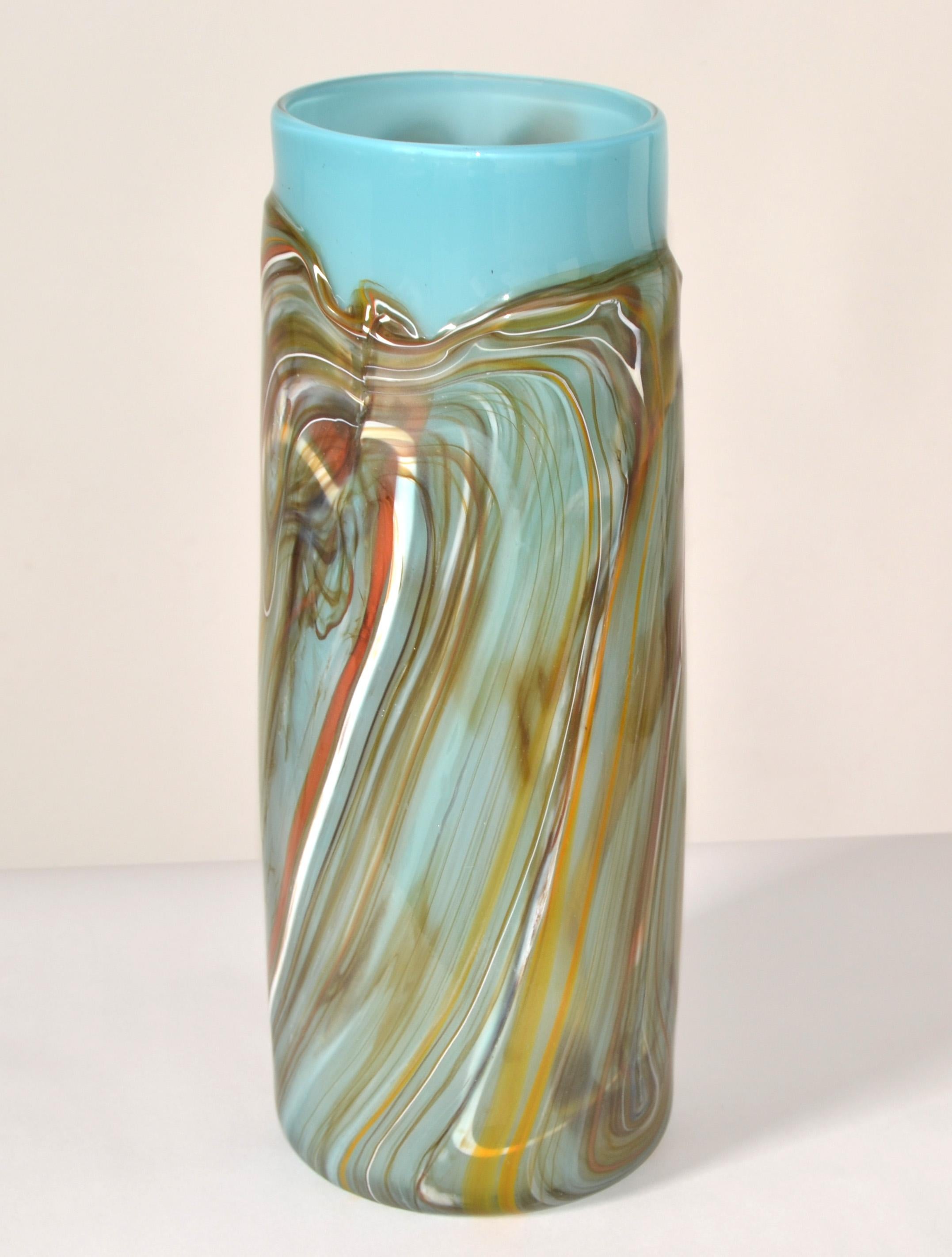 Vintage Studio Art Blown Glass Heavy Vase Vessel Turquoise and Hues Brown 1975 For Sale 6