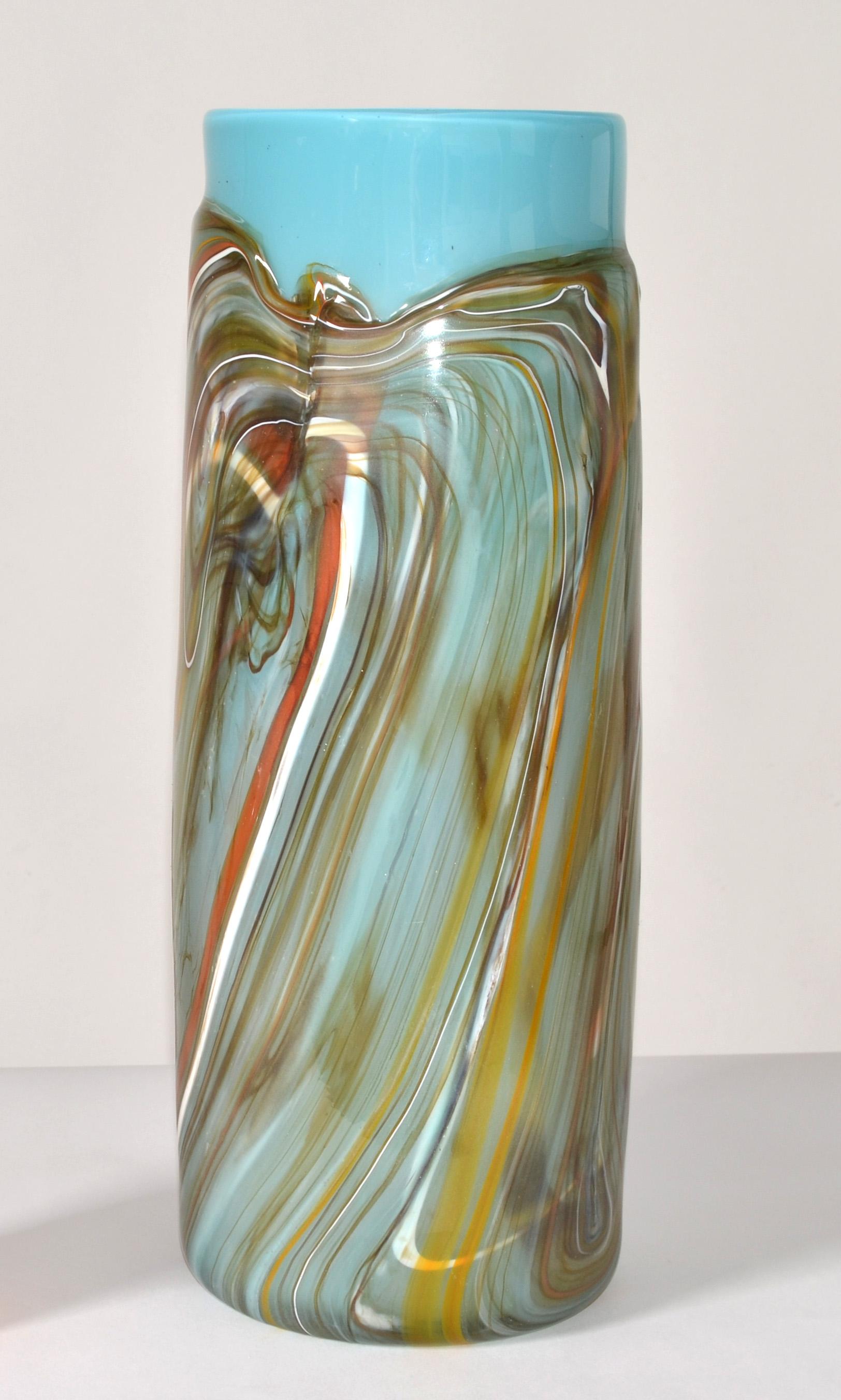 Mid-Century Modern Vintage Studio Art Blown Glass Heavy Vase Vessel Turquoise and Hues Brown 1975 For Sale