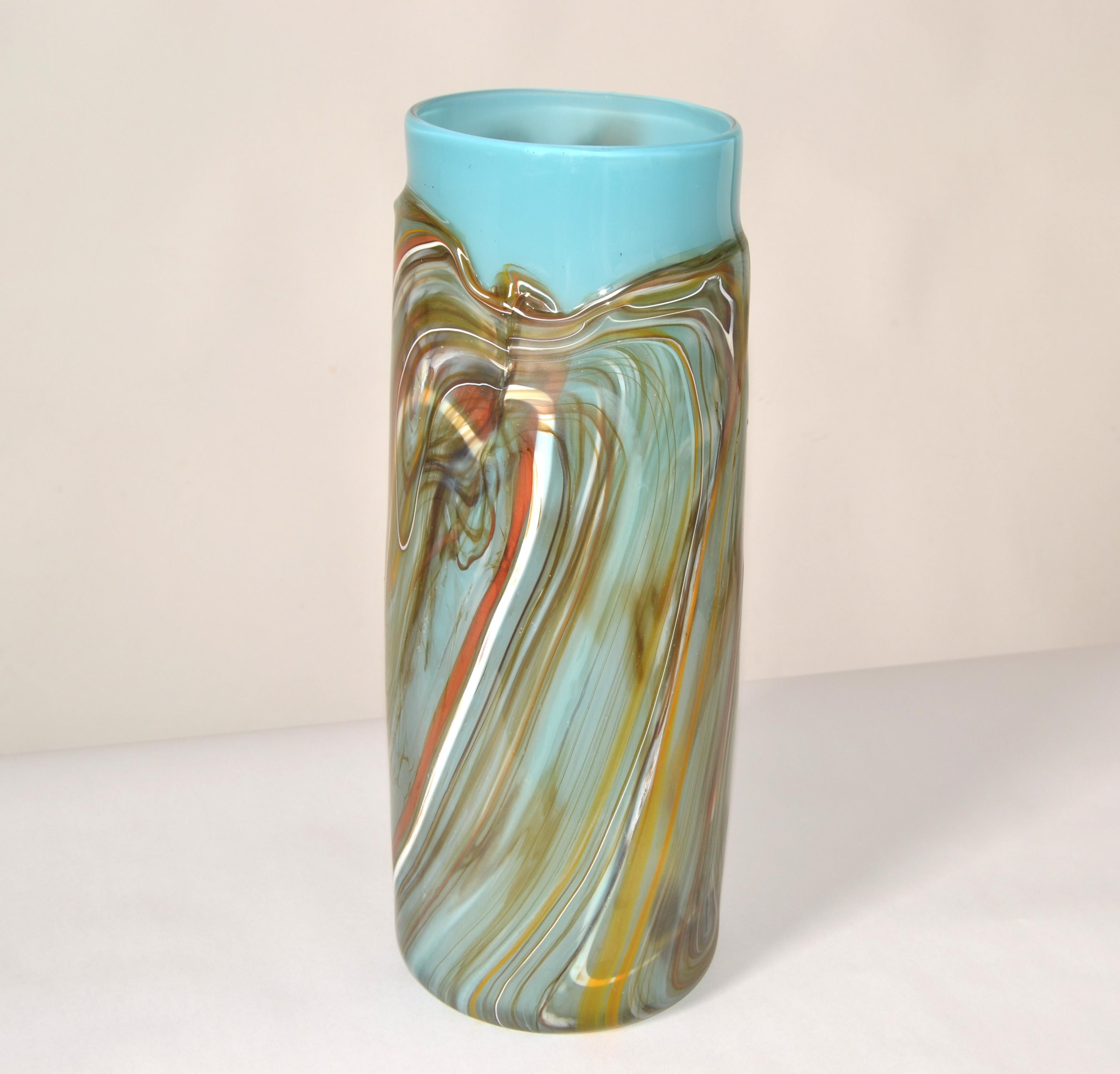 American Vintage Studio Art Blown Glass Heavy Vase Vessel Turquoise and Hues Brown 1975 For Sale
