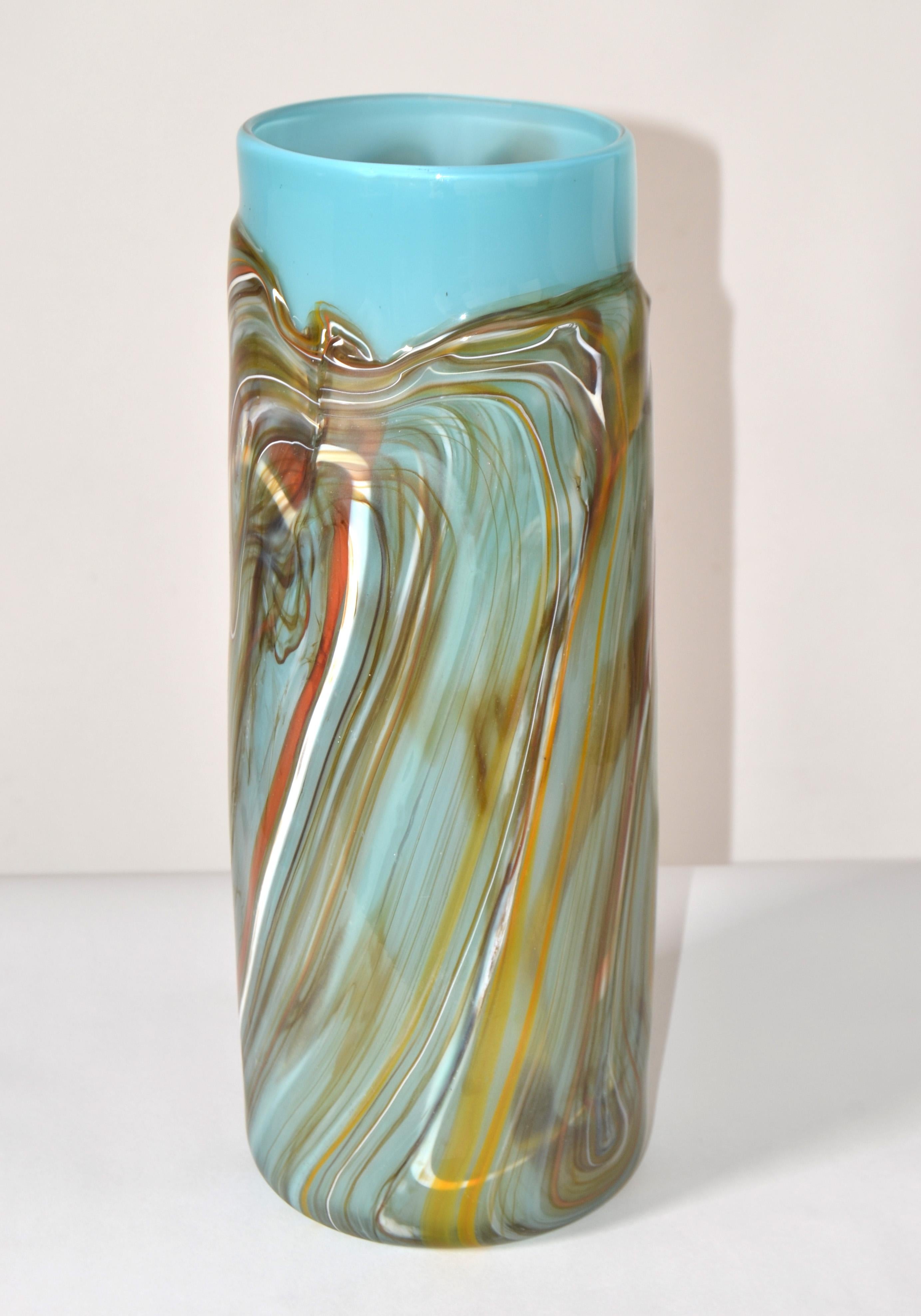 Hand-Crafted Vintage Studio Art Blown Glass Heavy Vase Vessel Turquoise and Hues Brown 1975 For Sale
