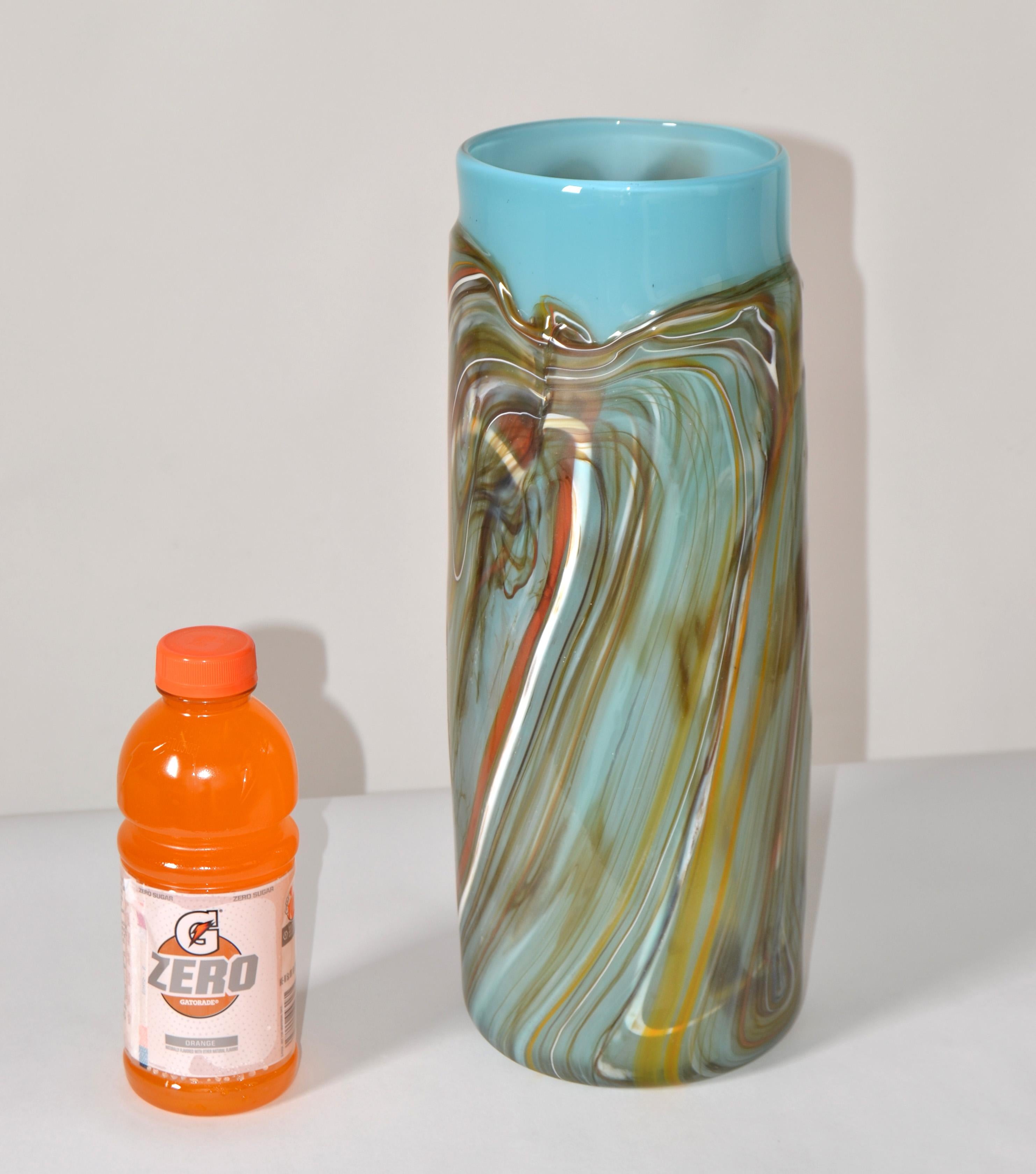 Vintage Studio Art Blown Glass Heavy Vase Vessel Turquoise and Hues Brown 1975 In Good Condition For Sale In Miami, FL