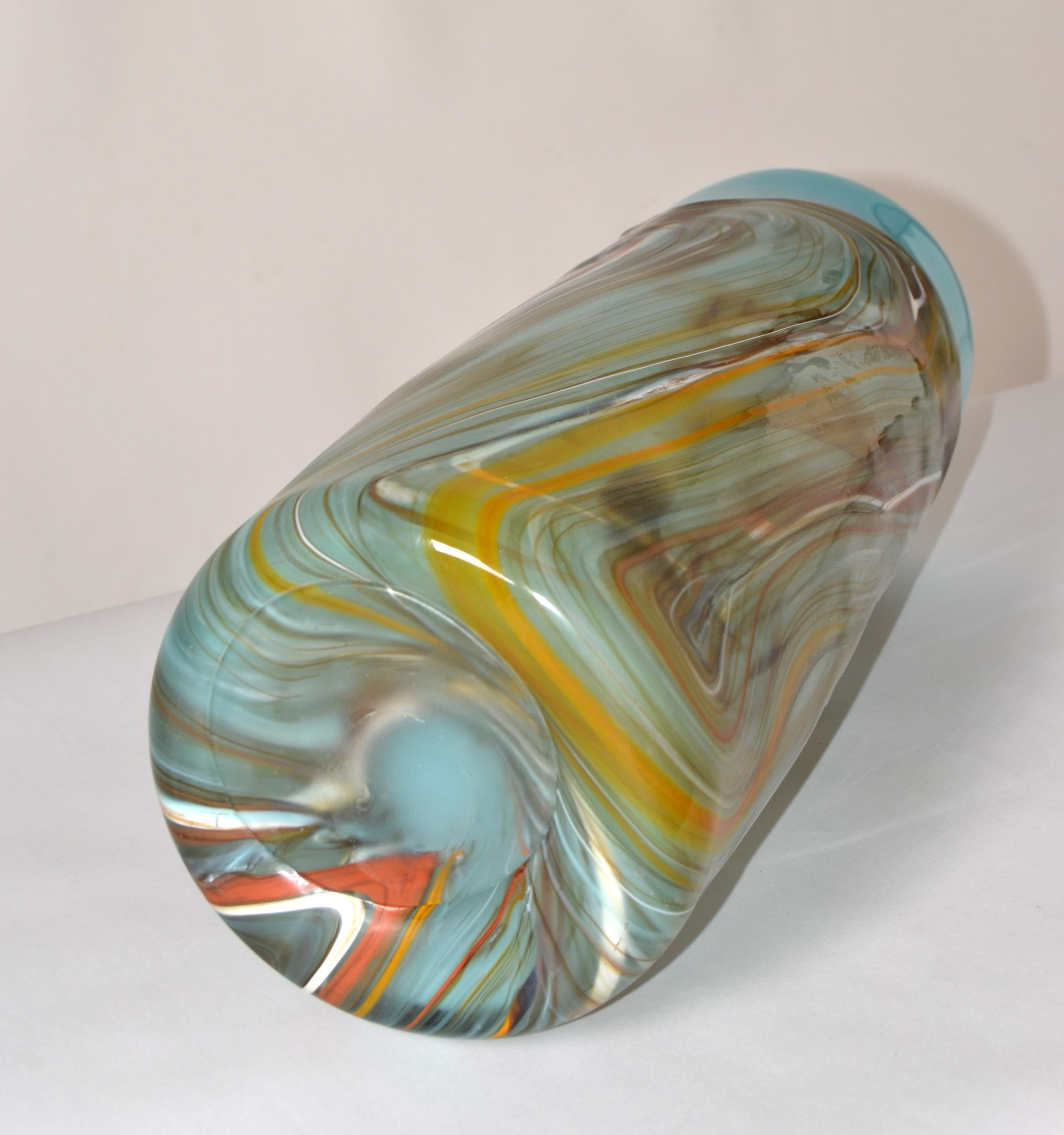 Late 20th Century Vintage Studio Art Blown Glass Heavy Vase Vessel Turquoise and Hues Brown 1975 For Sale