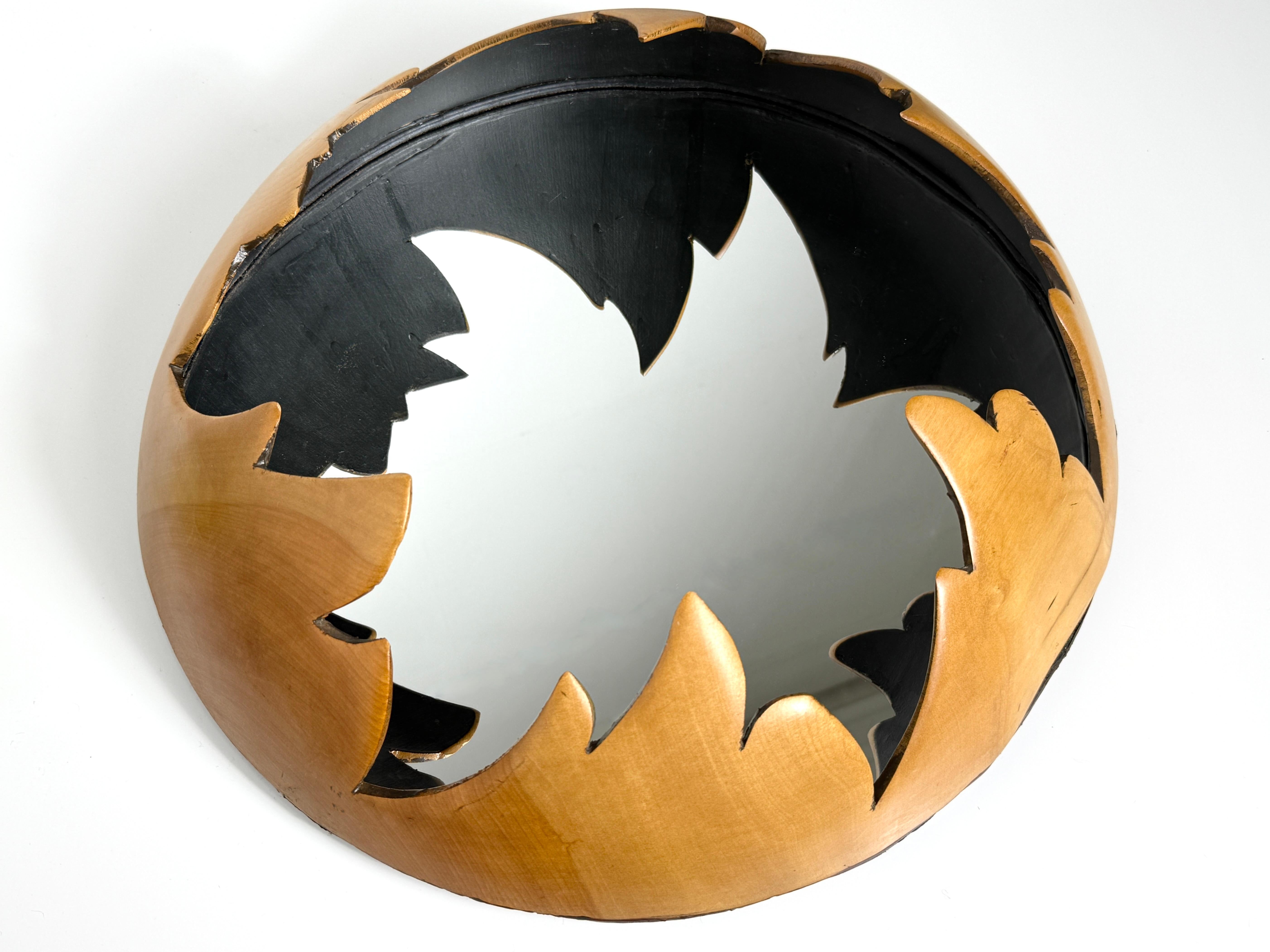 Amerikanische brutalistische amerikanische Studio Craft-Wandspiegel-Skulptur aus rundem Holz, 1980er Jahre im Angebot 2