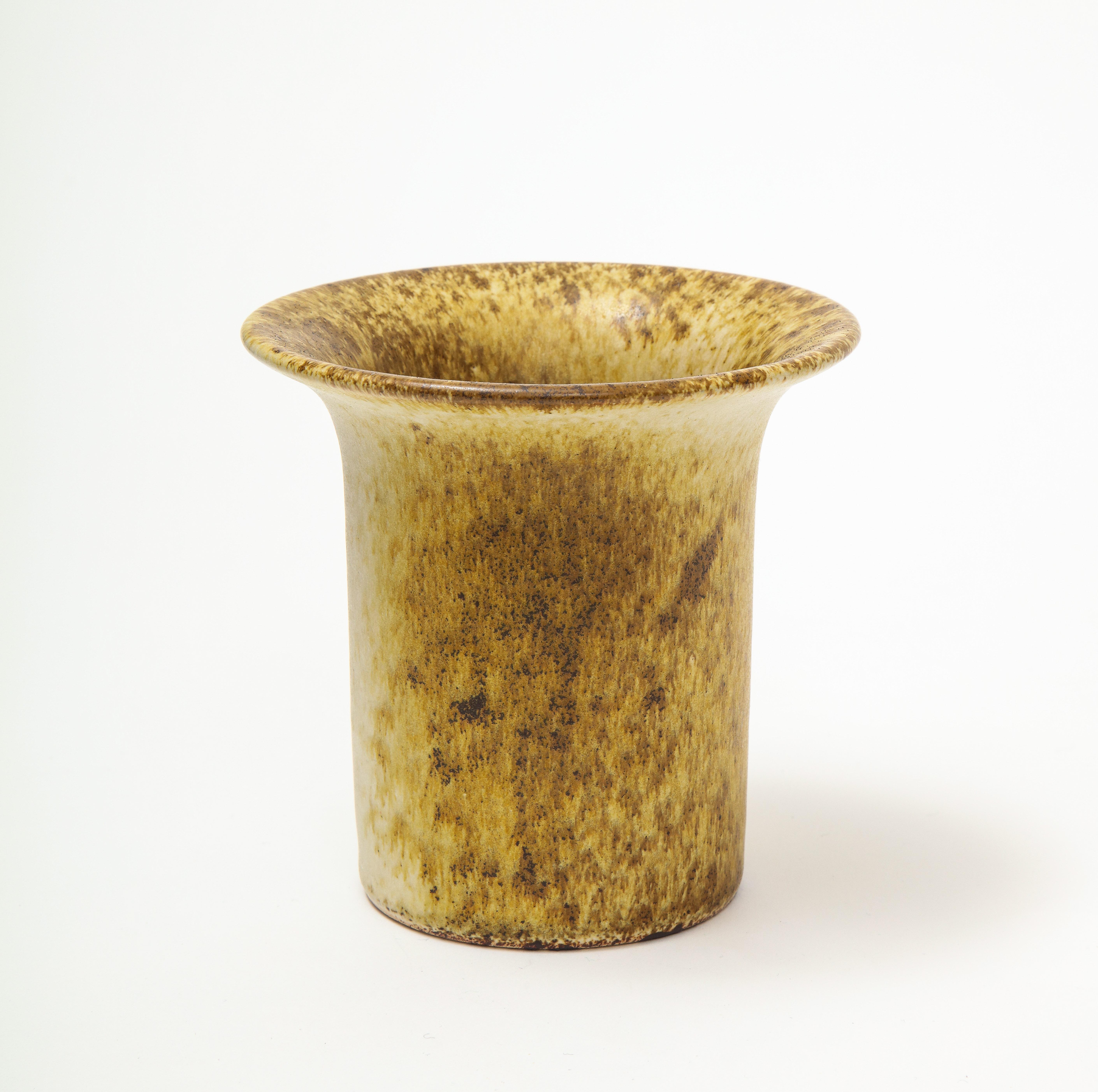 Short flared speckled yellow ceramic vase, Germany, circa 1970s.
