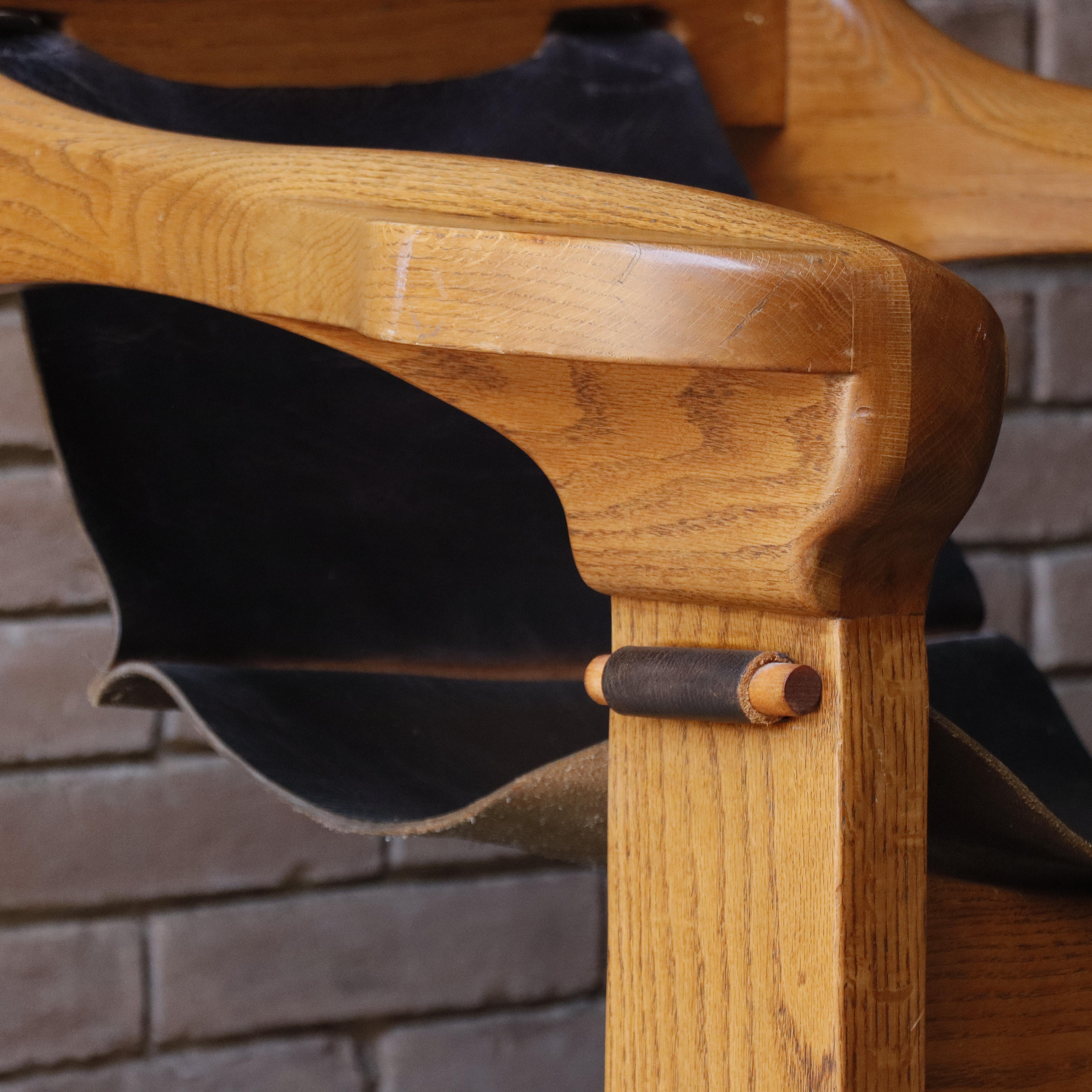 Vintage Studio Made Solid Oak and Leather Lounge Chair, 1970s For Sale 4