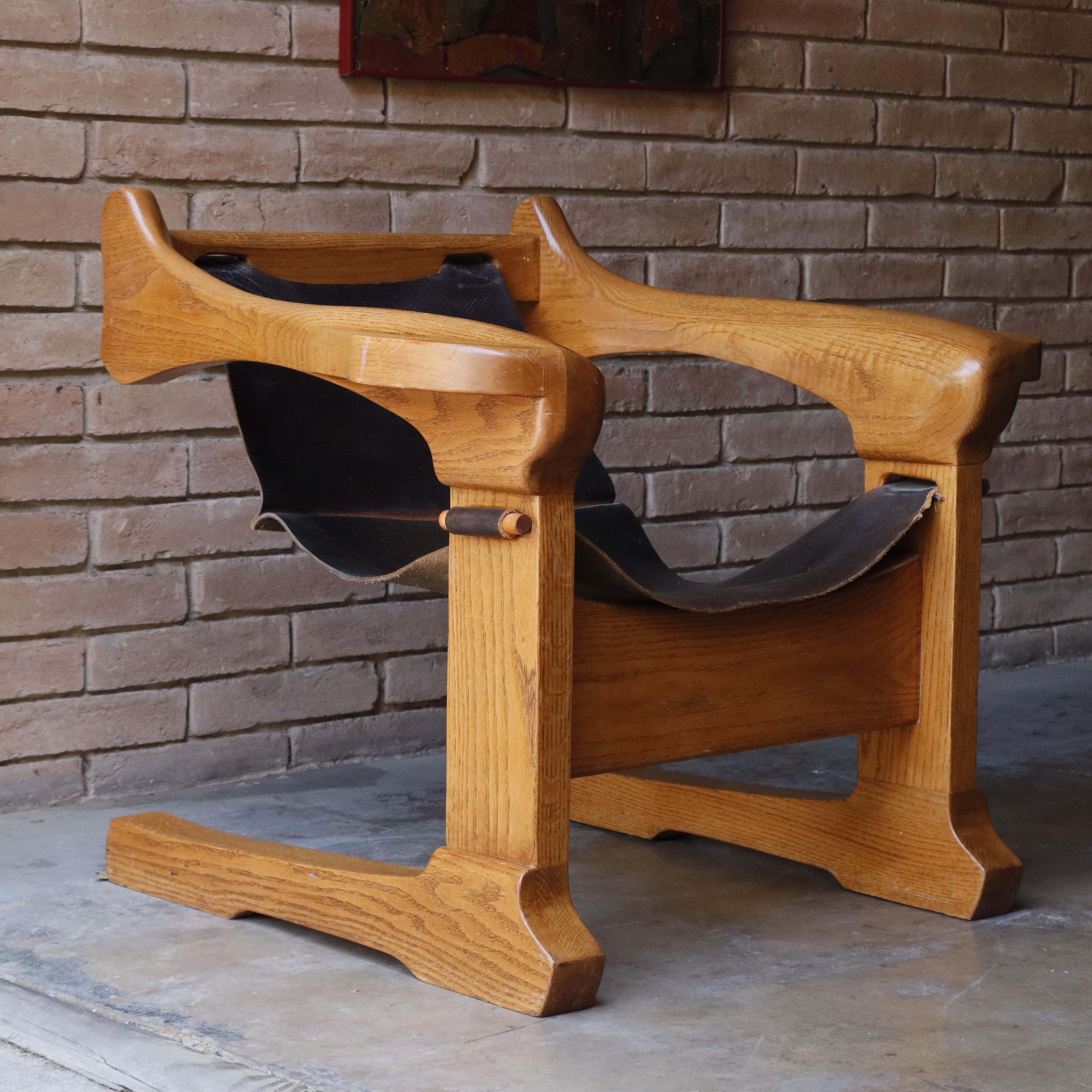 Vintage Studio Made Solid Oak and Leather Lounge Chair, 1970s For Sale 5