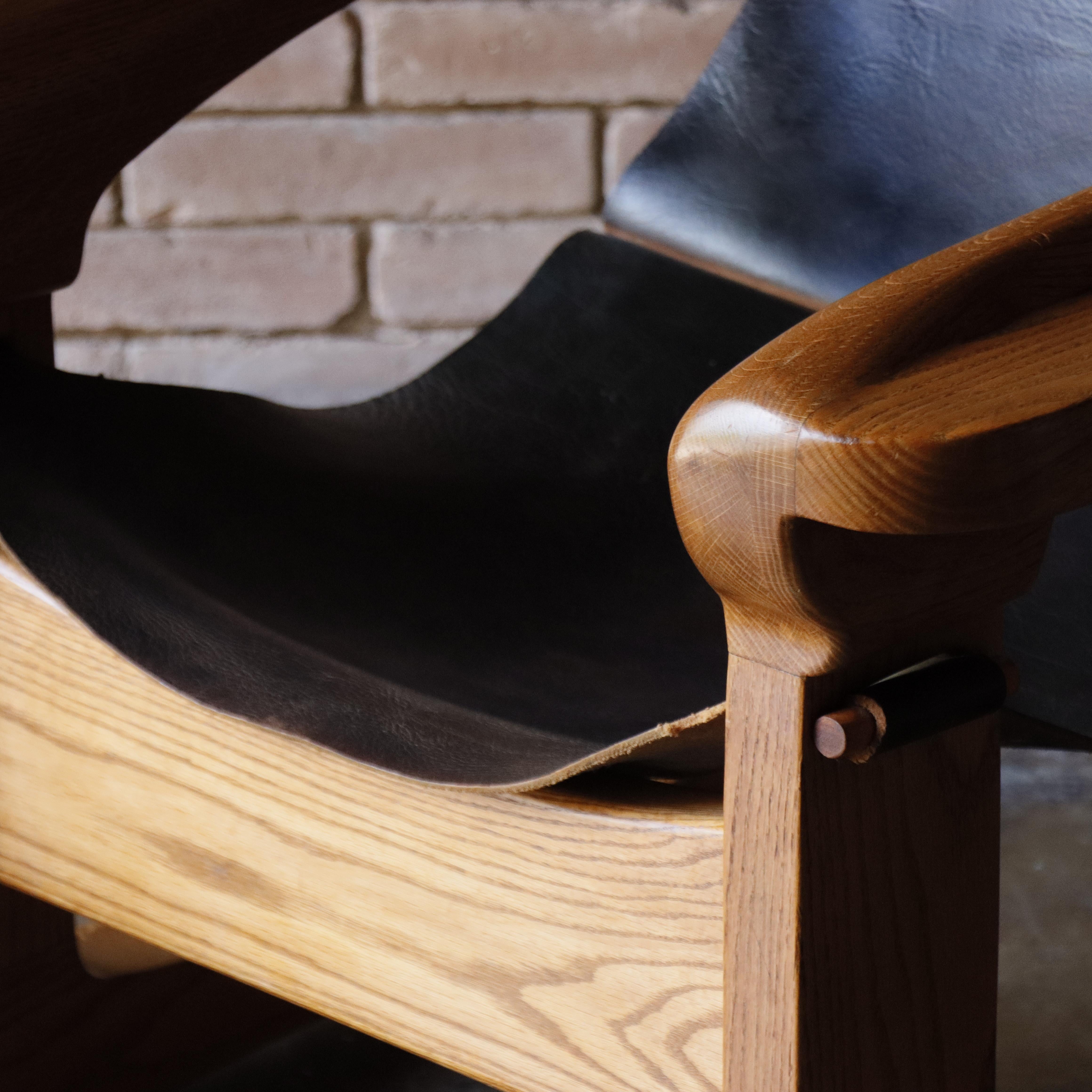 Mid-Century Modern Vintage Studio Made Solid Oak and Leather Lounge Chair, 1970s For Sale