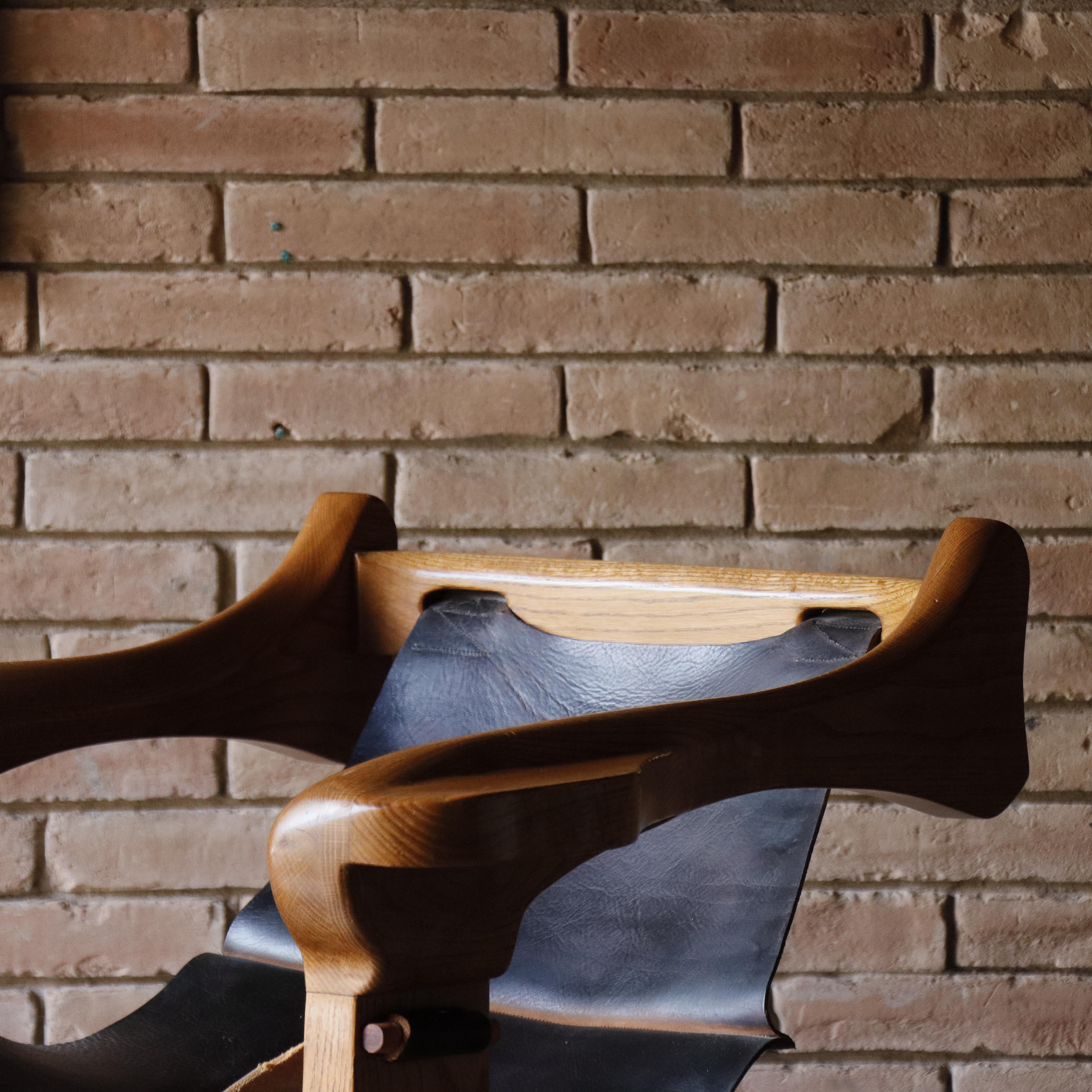 Unknown Vintage Studio Made Solid Oak and Leather Lounge Chair, 1970s For Sale