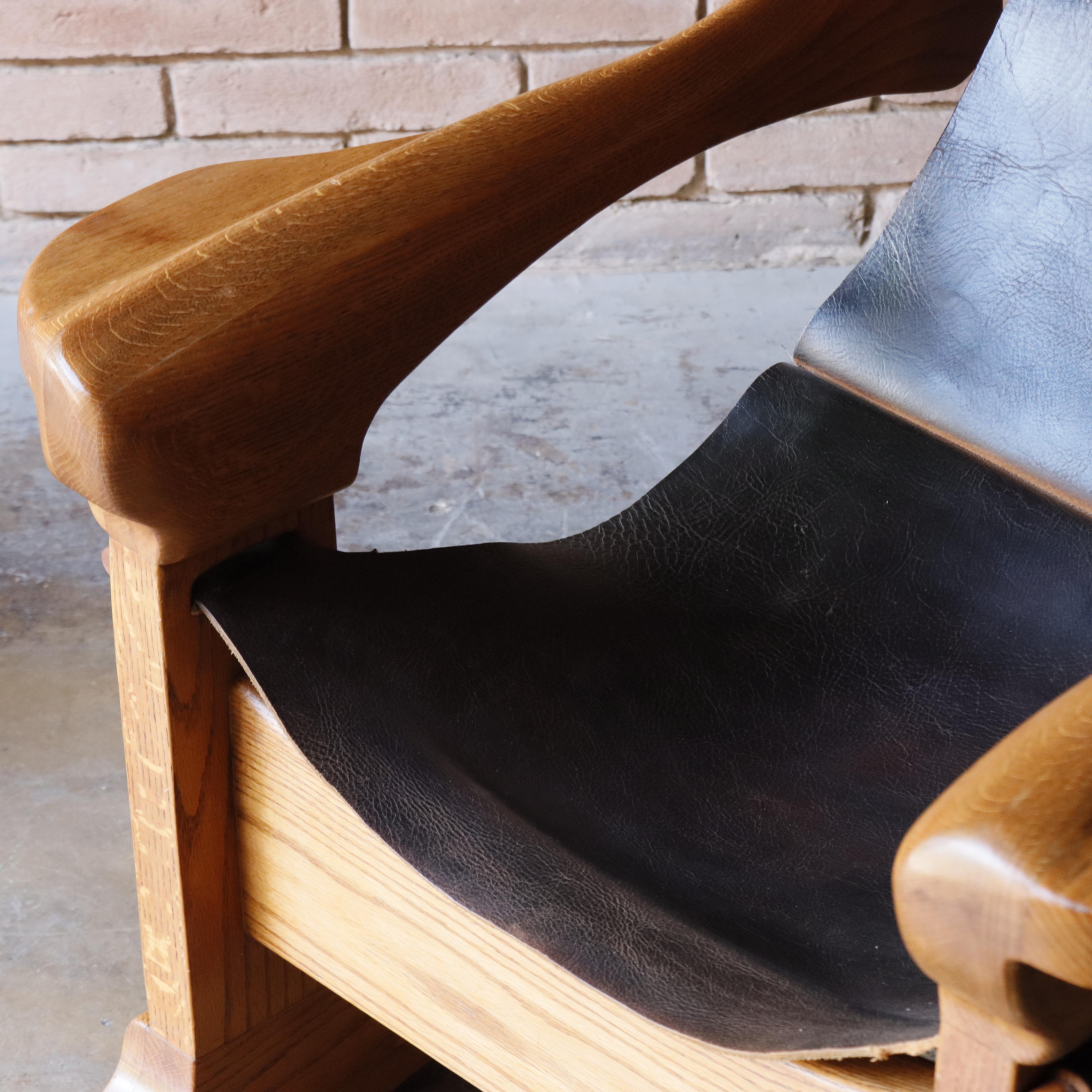 Late 20th Century Vintage Studio Made Solid Oak and Leather Lounge Chair, 1970s For Sale