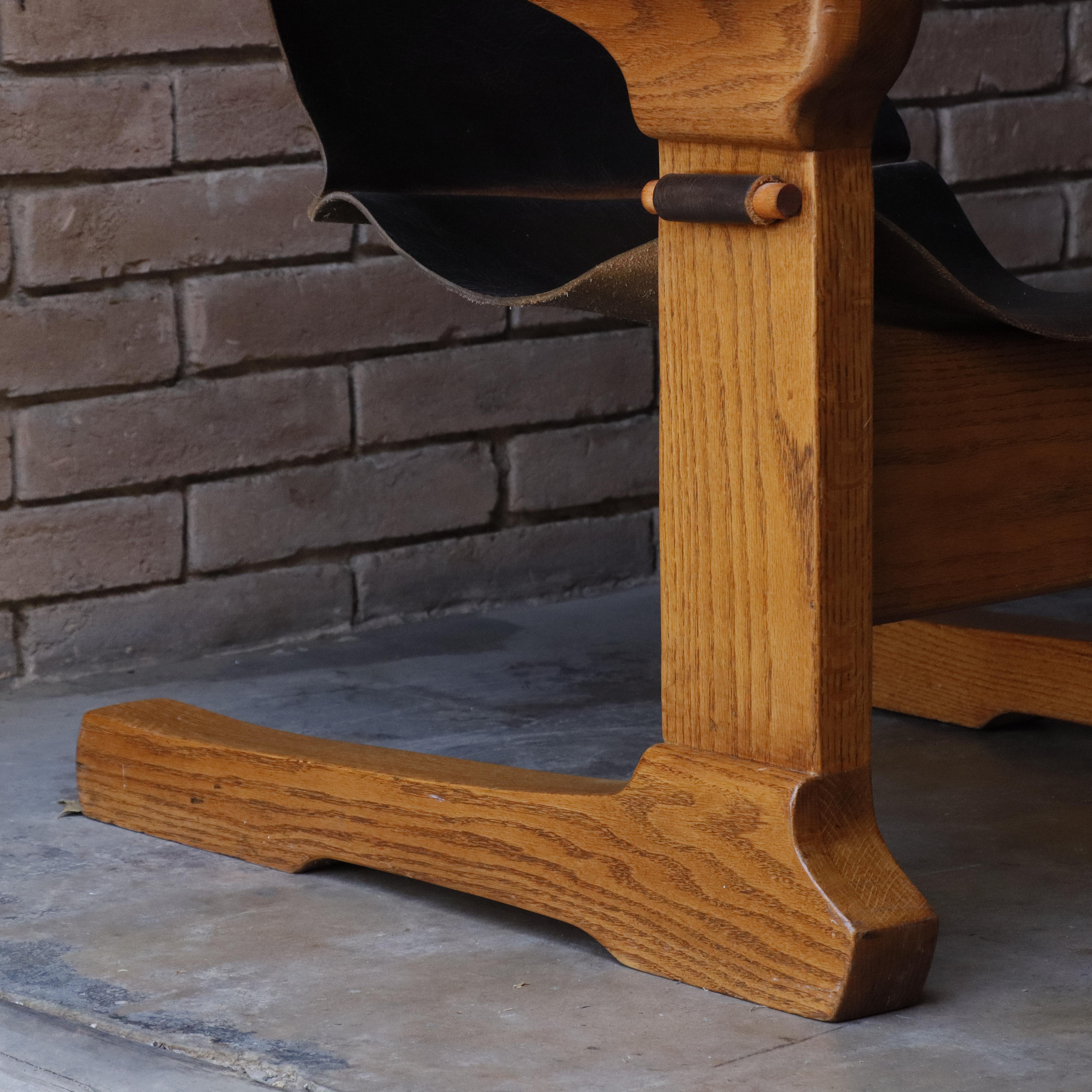 Vintage Studio Made Solid Oak and Leather Lounge Chair, 1970s For Sale 3