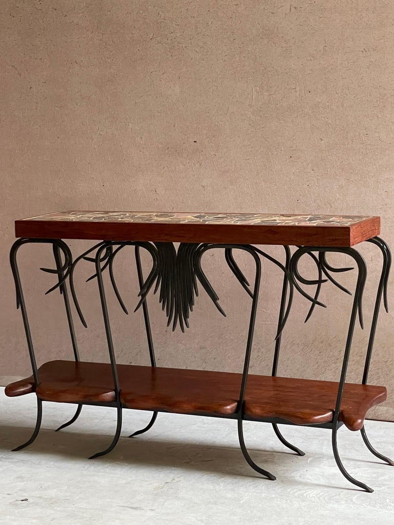 Vintage Studio Made Teak + Iron and Mosaic Slate Tile Console For Sale