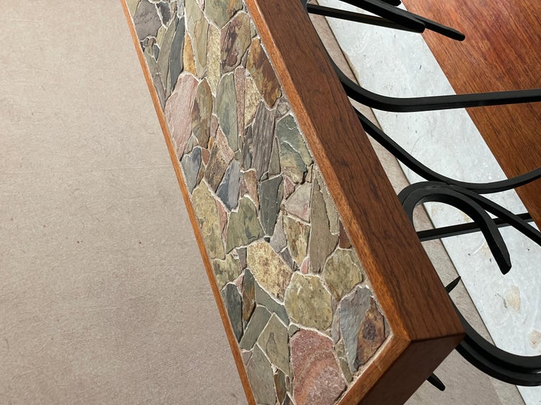 Vintage Studio Made Teak + Iron and Mosaic Slate Tile Console For Sale