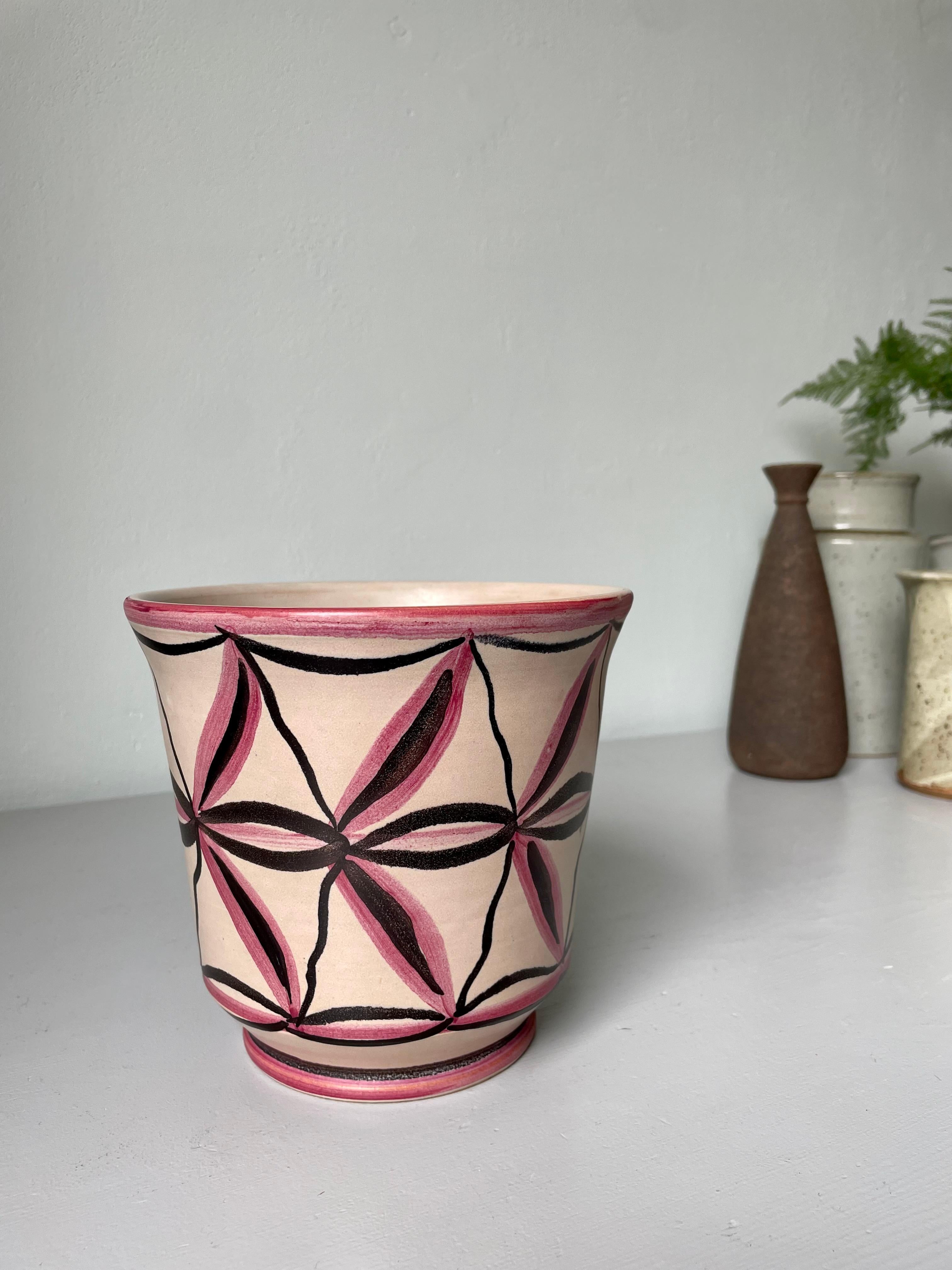 Hand-Painted Vintage Studio Planter Organic Pink, Black Decor, Denmark, 1950s For Sale
