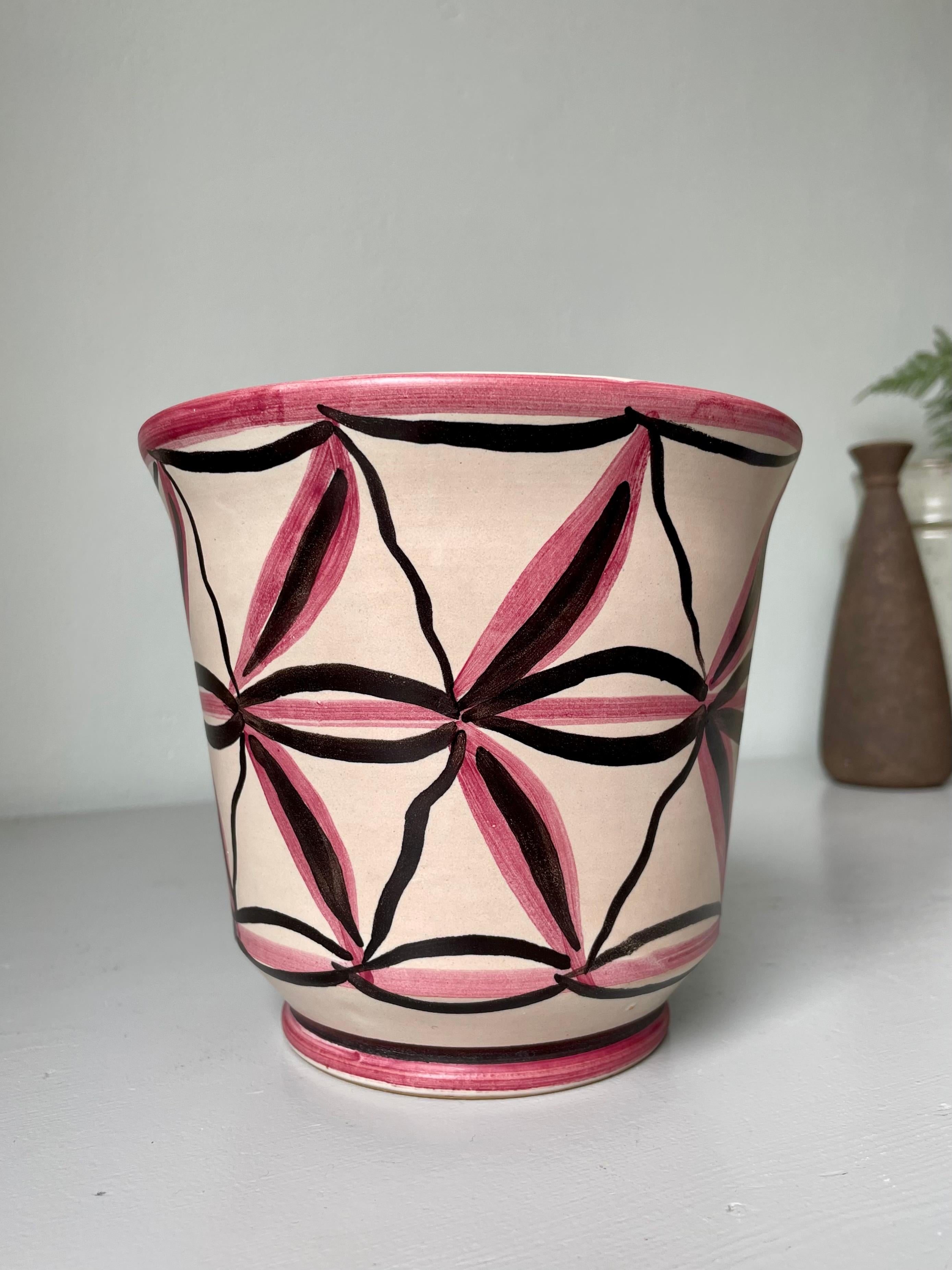 Ceramic Vintage Studio Planter Organic Pink, Black Decor, Denmark, 1950s For Sale