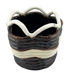 Vintage Studio Pottery Basket Form Bowl in Brown and Cream