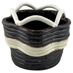 Vintage Studio Pottery Basket Form Bowl in Brown and Cream
