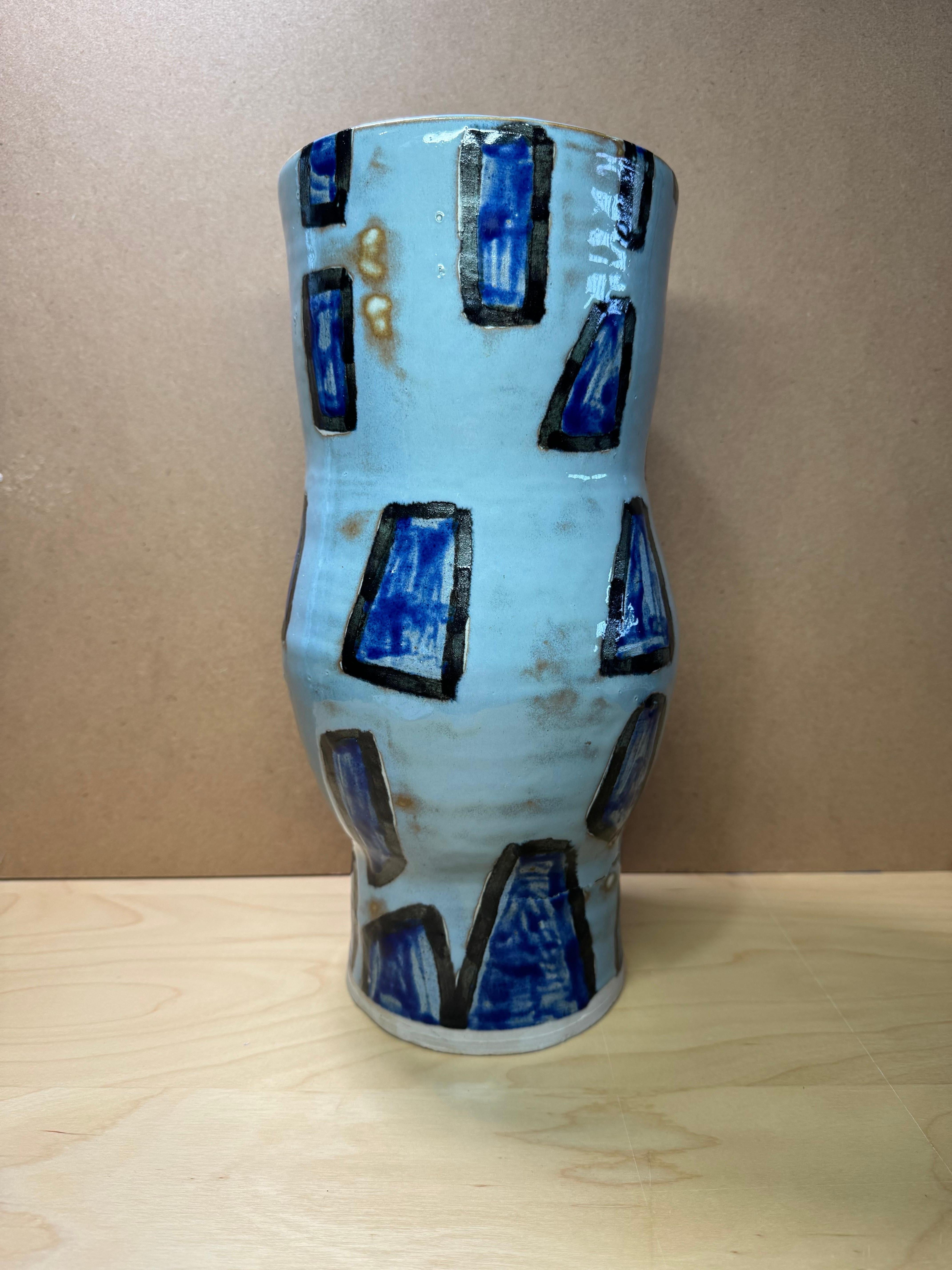 Folk Art Vintage Studio Pottery Blue Vase For Sale