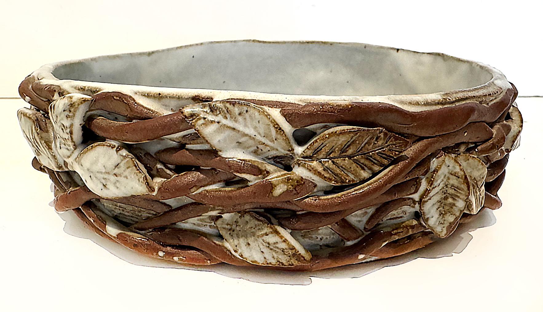 American Vintage Studio Pottery Catchall Bowl with Twigs and Leaves For Sale