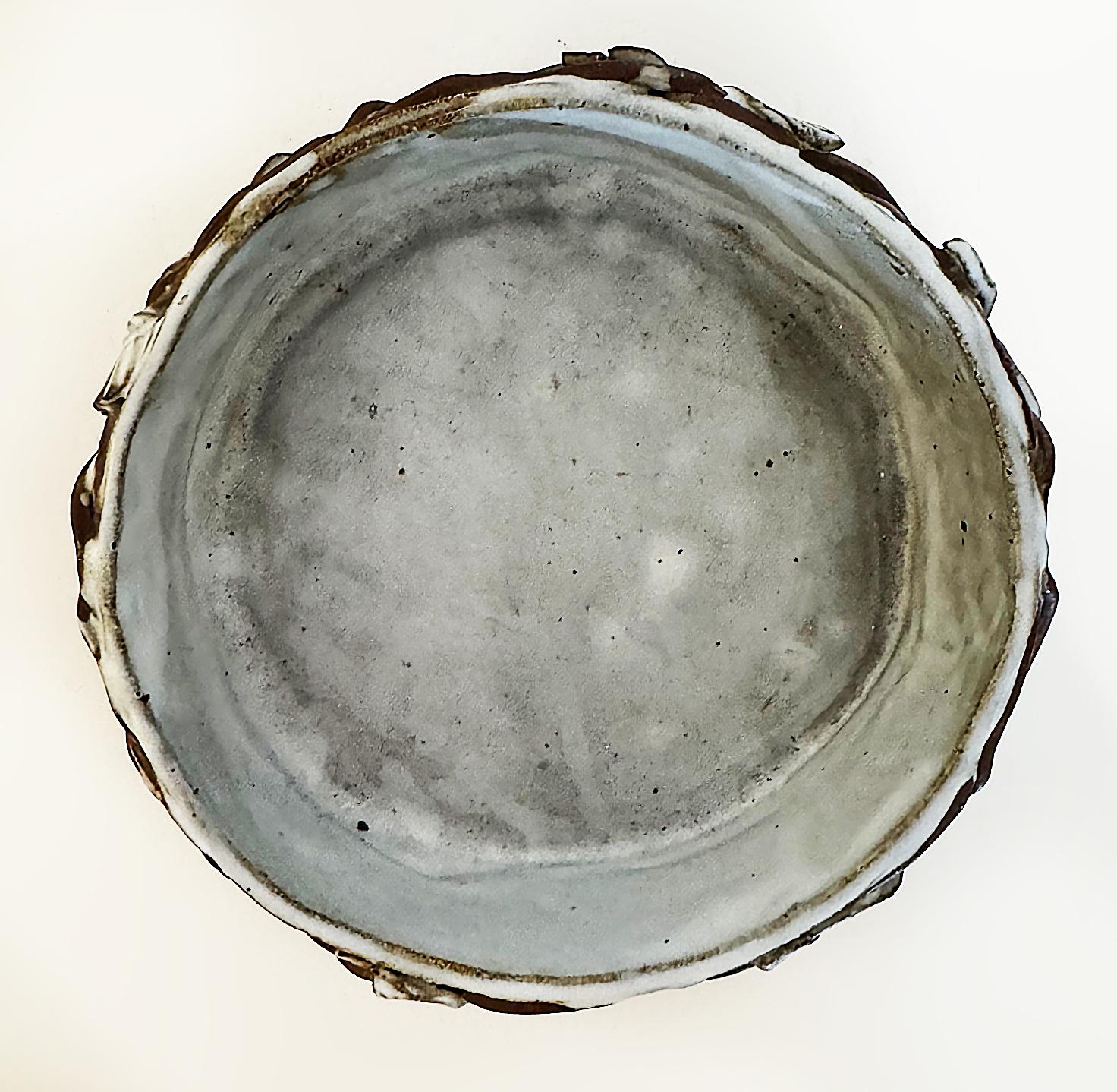 Glazed Vintage Studio Pottery Catchall Bowl with Twigs and Leaves For Sale