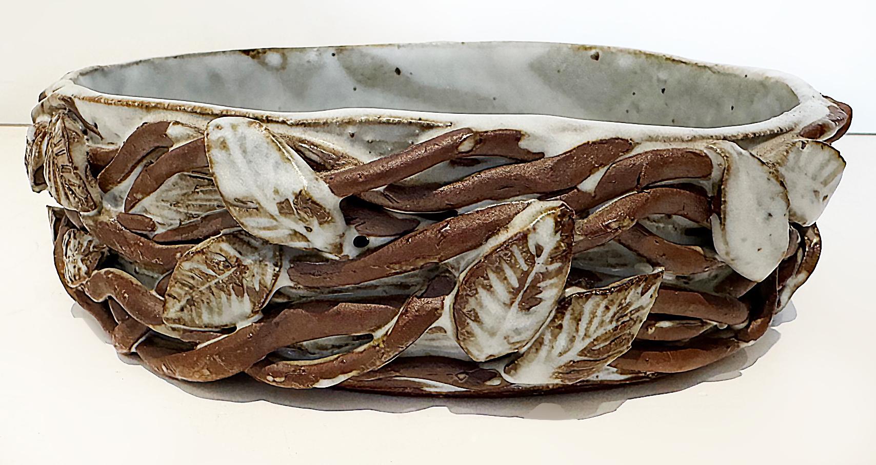Late 20th Century Vintage Studio Pottery Catchall Bowl with Twigs and Leaves For Sale