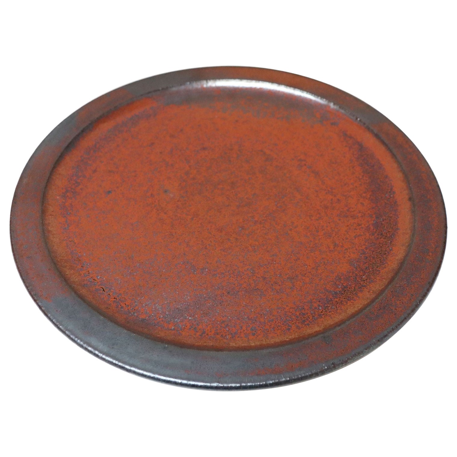 Vintage Studio Pottery Charger in Metallic Gray and Red Glaze by Deanna Nichols
