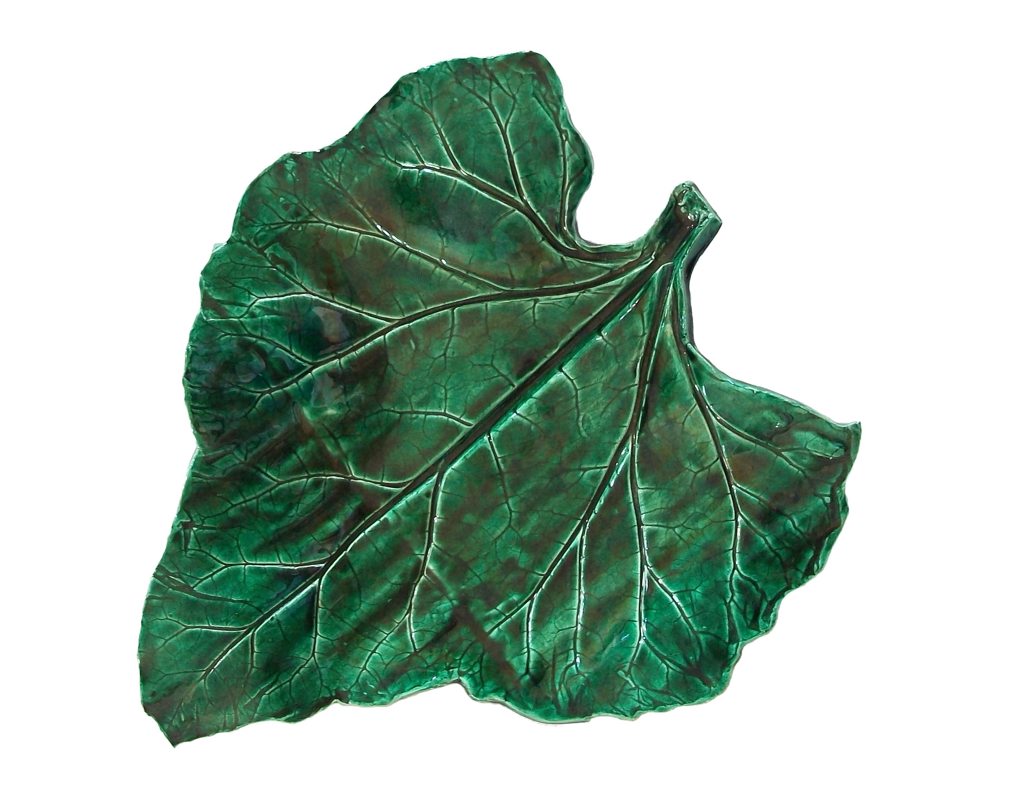 Large vintage studio pottery serving platter - realistically modelled/molded as a leaf - over-all dark green glaze with subtle iridescence - kiln/firing stilt marks to the base - unsigned - Canada (likely) - late 20th century.

Excellent vintage