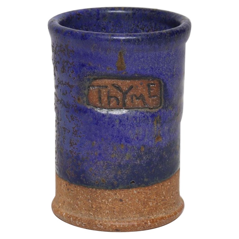Vintage Studio Pottery Indigo "Thyme" Herb Cylindrical Vessel by Deanna Nichols For Sale