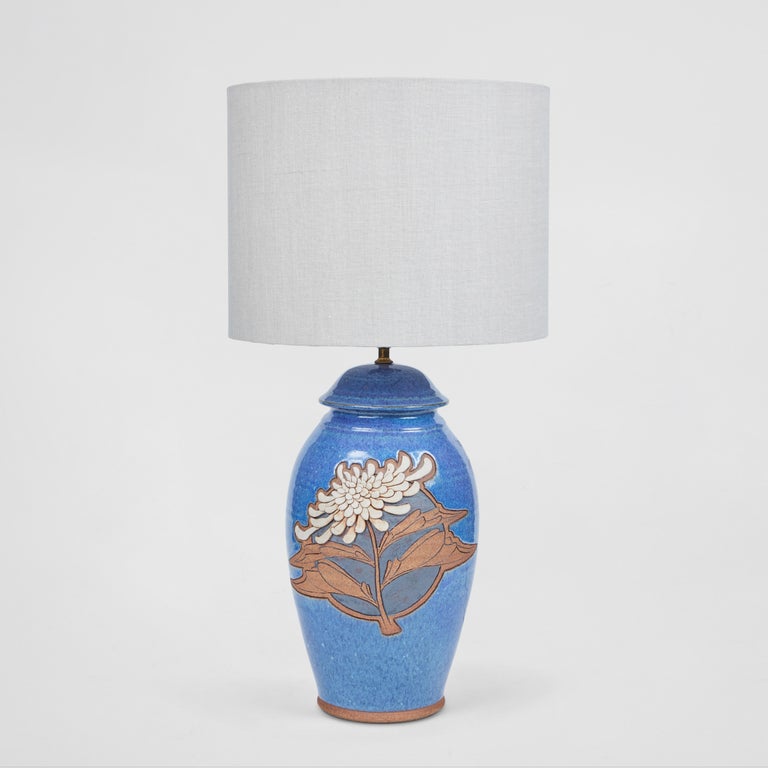 Vintage Studio Pottery Lamp W/ Blue Glaze + Stylized Mum Design For