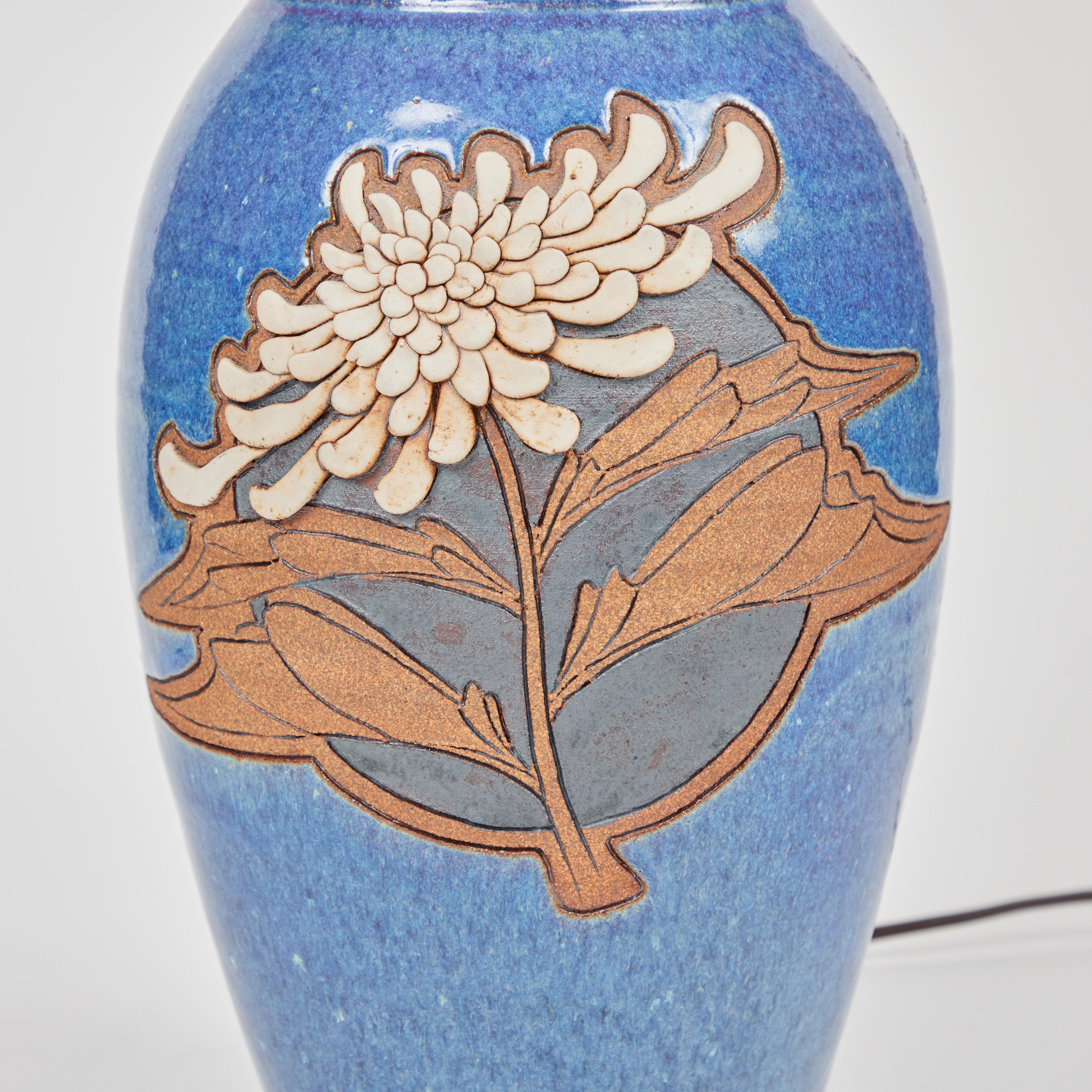 Unknown Vintage Studio Pottery Lamp W/ Blue Glaze + Stylized Mum Design