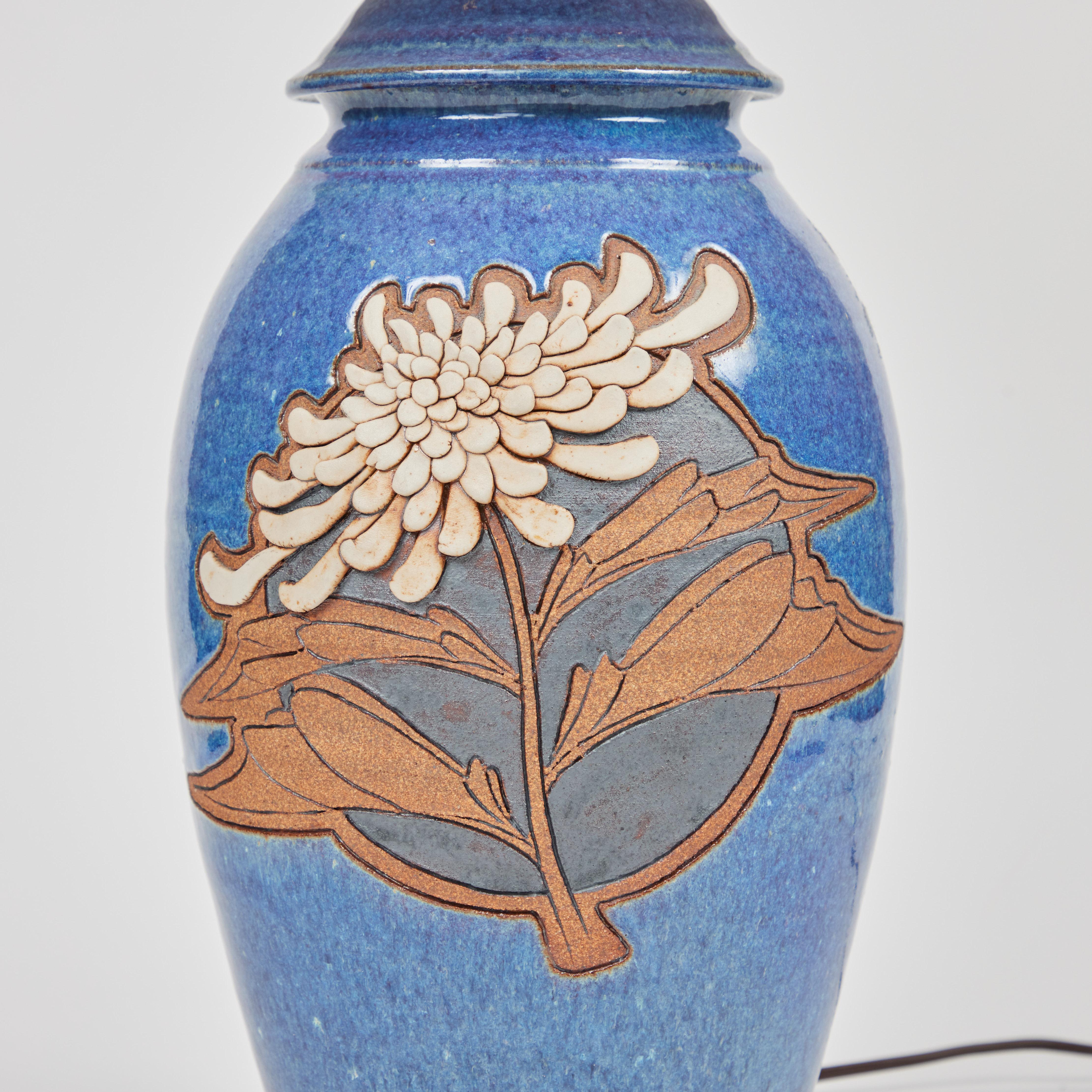 20th Century Vintage Studio Pottery Lamp W/ Blue Glaze + Stylized Mum Design
