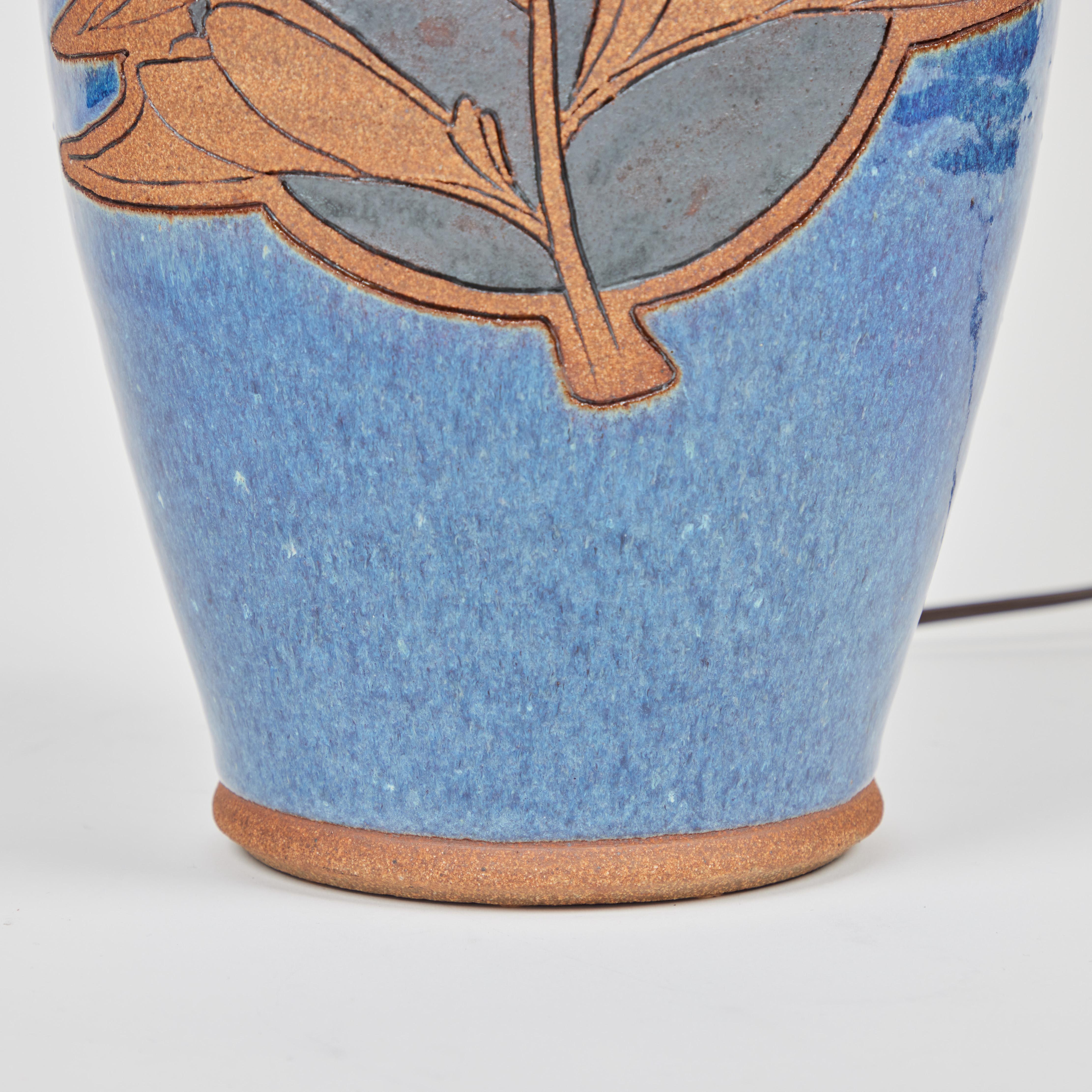 Vintage Studio Pottery Lamp W/ Blue Glaze + Stylized Mum Design 1