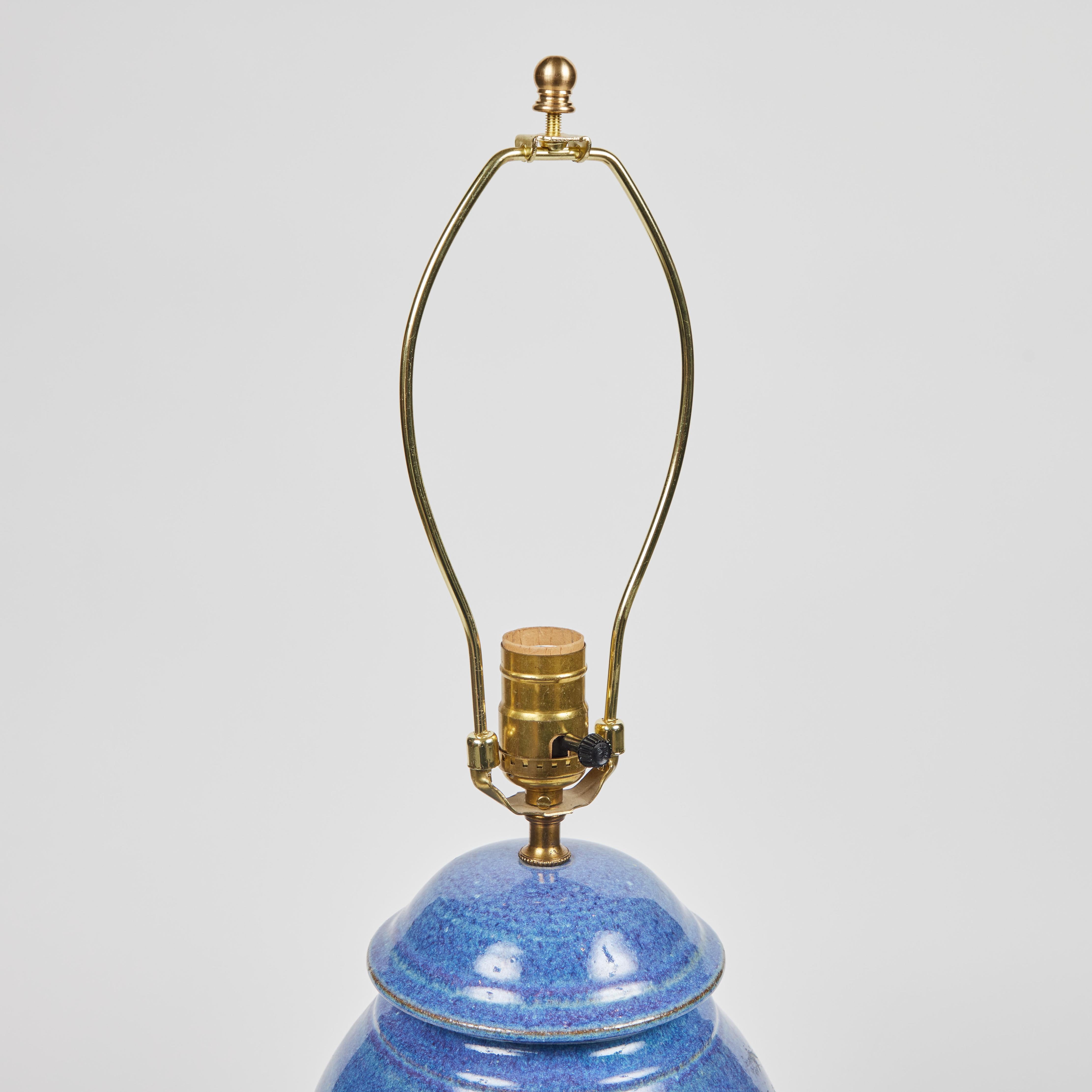 Vintage Studio Pottery Lamp W/ Blue Glaze + Stylized Mum Design 3