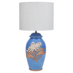 Vintage Studio Pottery Lamp W/ Blue Glaze + Stylized Mum Design