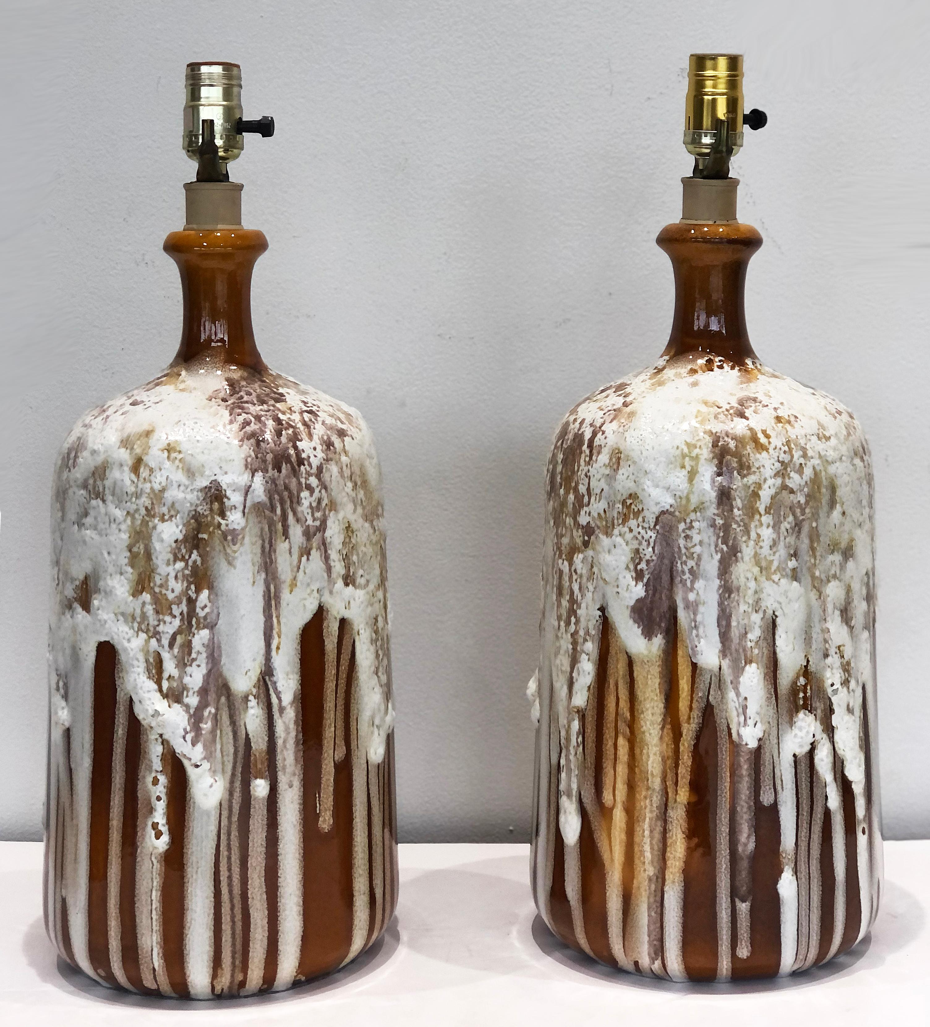 Mid-Century Modern Vintage Studio Pottery Lava Drip Lamps with Shades, a Pair
