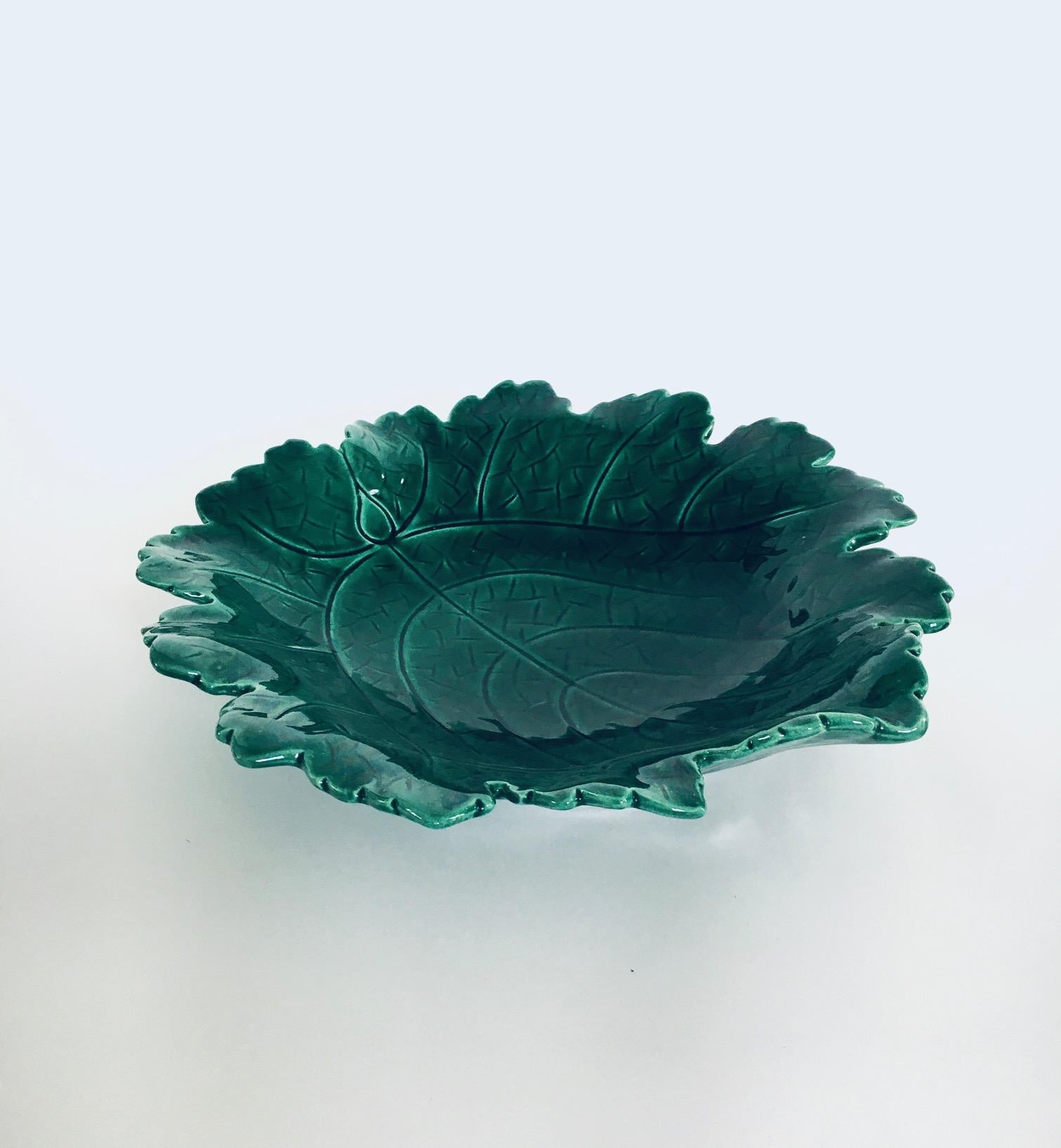Vintage Midcentury Period Art Studio Pottery Large Leaf Bowl by Albert Ferlay. Made in France, Vallauris, 1960's. Stamped on the bottom: Creation A. Ferlay Vallauris. Forest green glazed bowl in the shape of a leaf. This comes in very good